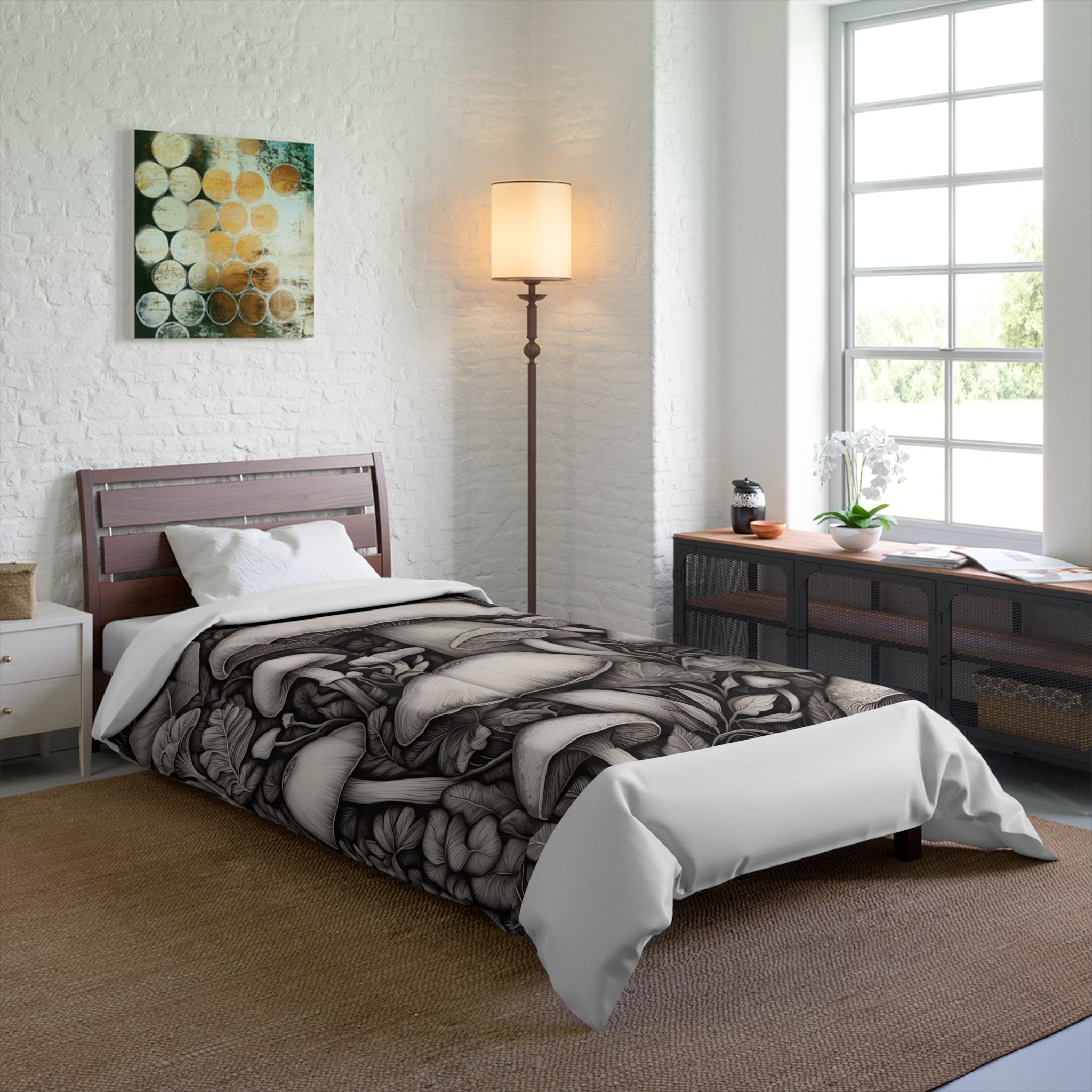 Comforter: Mushroom Garden Comforter – Monochrome Botanical Fungi Bedding