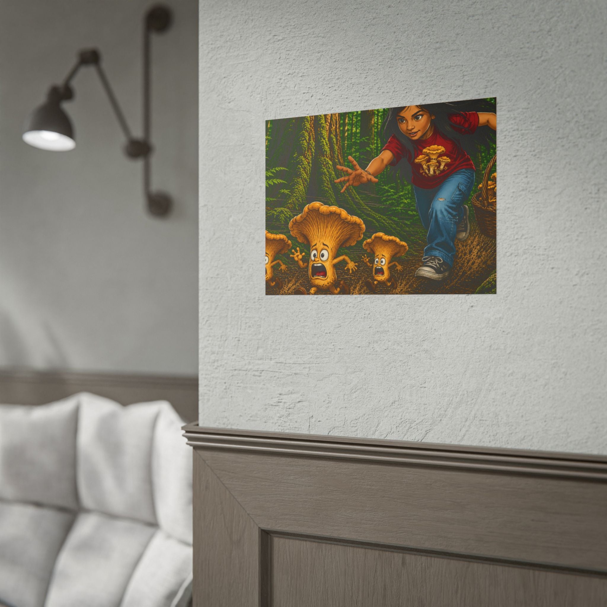 Rolled Poster: Girl Chasing Animated Mushrooms Forest Art Print