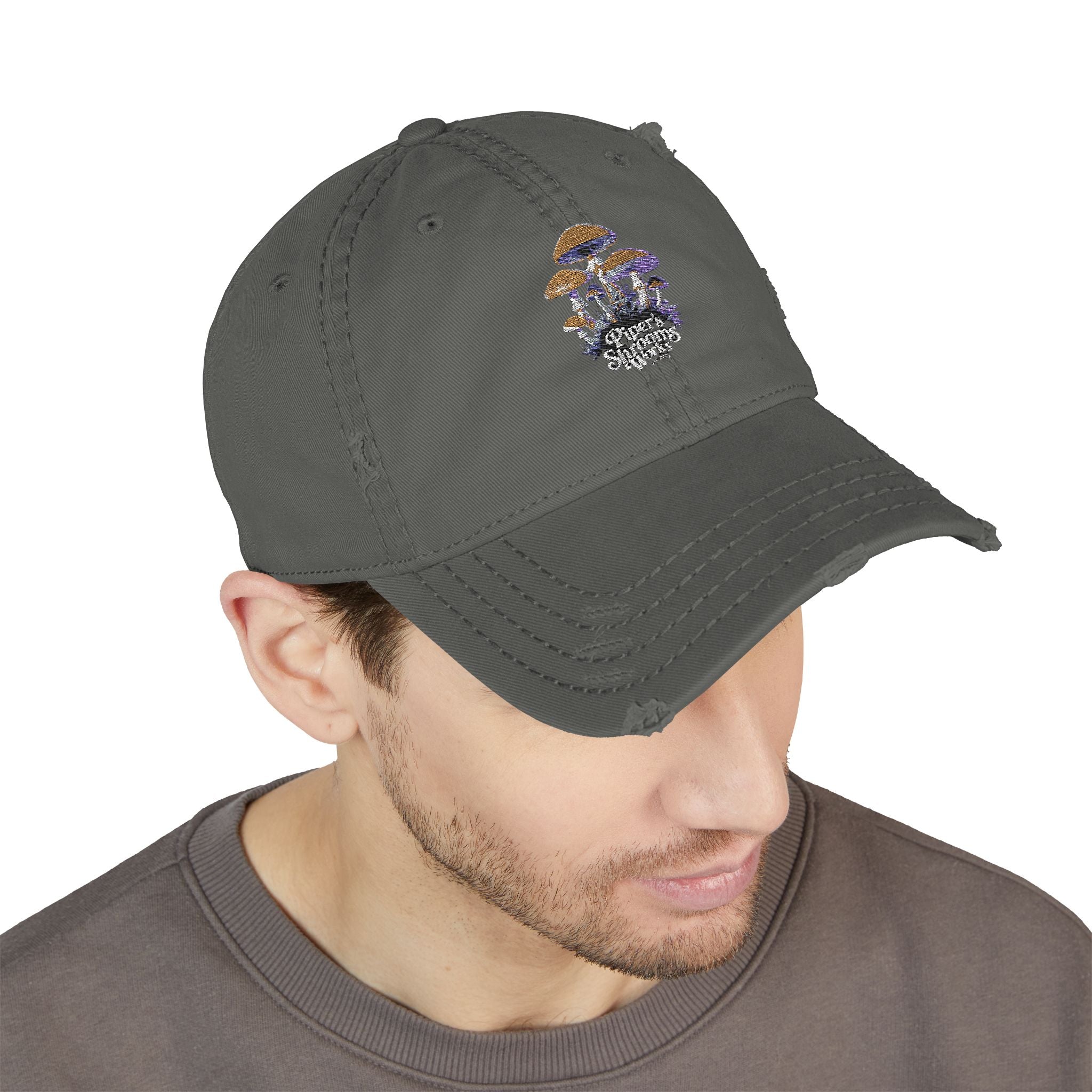 Embroidered Mushroom Skull Distressed Dad Hat — Vintage Trucker Cap for Mushroom Lovers