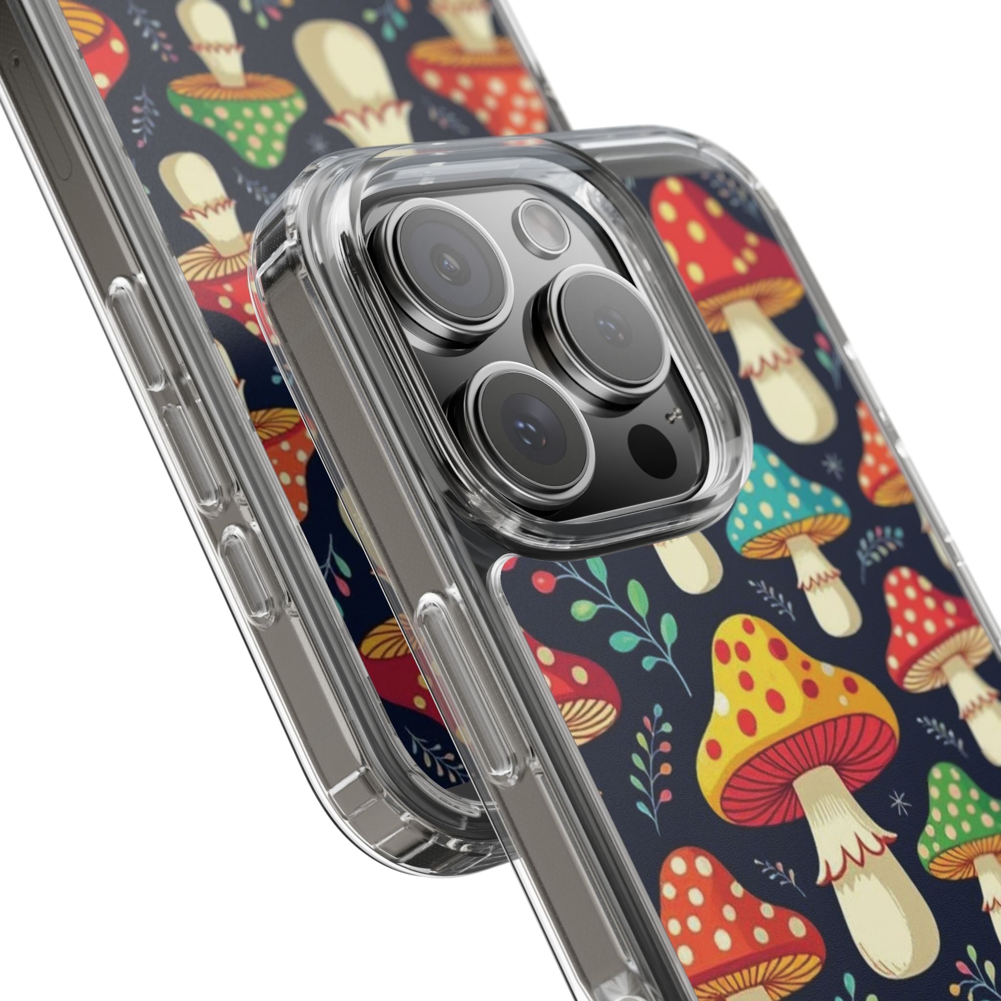 Phone Case: Mushroom Pattern Clear Phone Case — Colorful Toadstool Floral Design