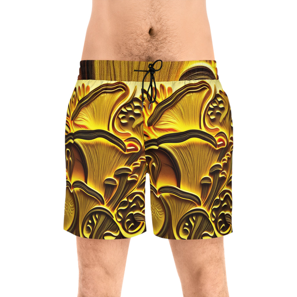 Golden Mushroom Print Swim Shorts — Men’s Mid-Length Tropical Boardshorts