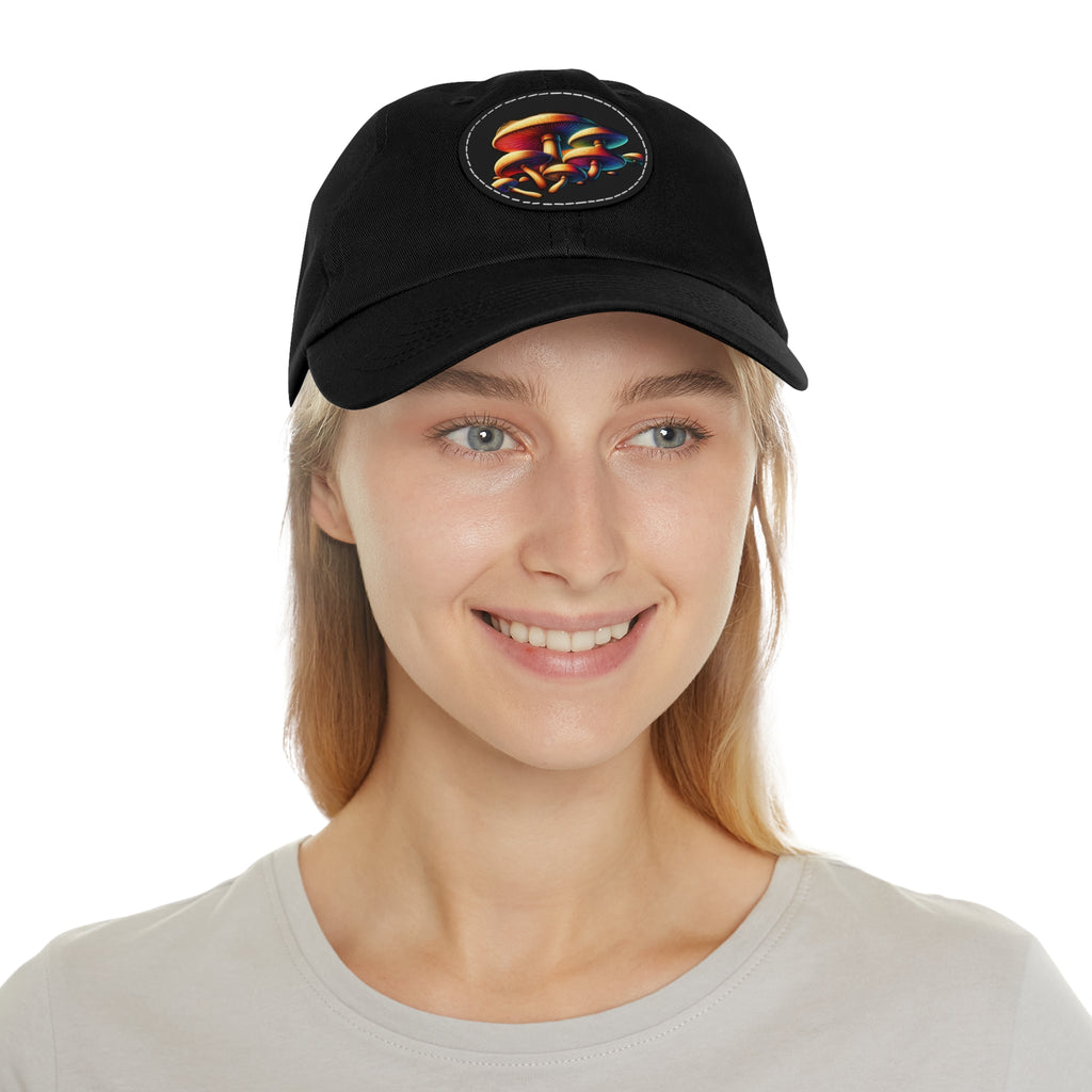 Mushroom Patch Dad Hat — Colorful Psychedelic Fungi Leather Patch Cap