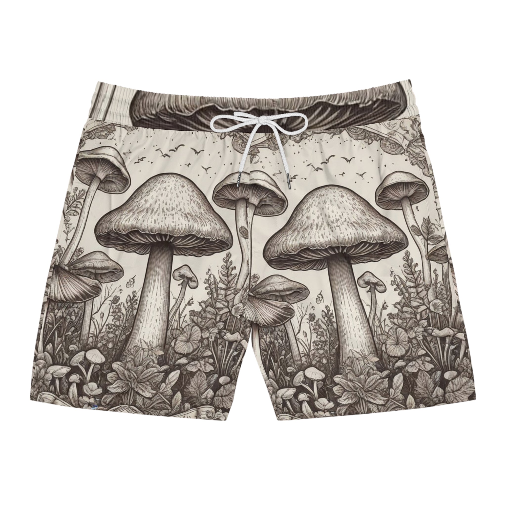 Mushroom Forest Swim Shorts — Vintage Botanical Mens Mid-Length Boardshorts