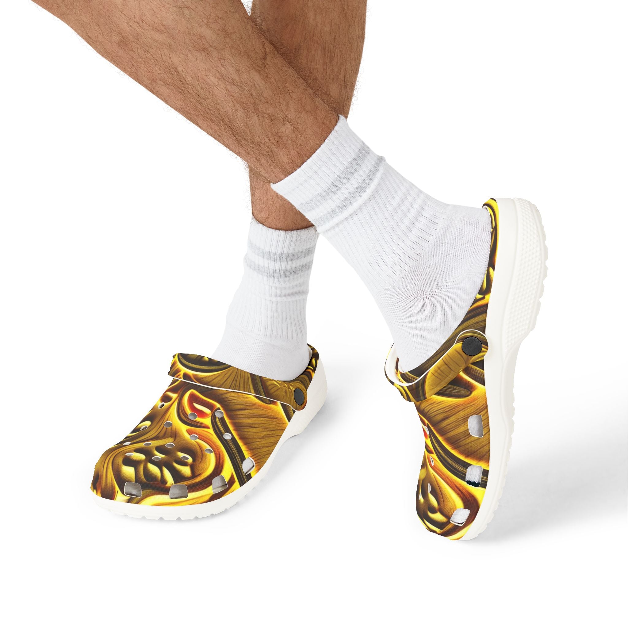 Clogs: Golden Swirl EVA Foam Clogs — Abstract Metallic Pattern Slip-Ons