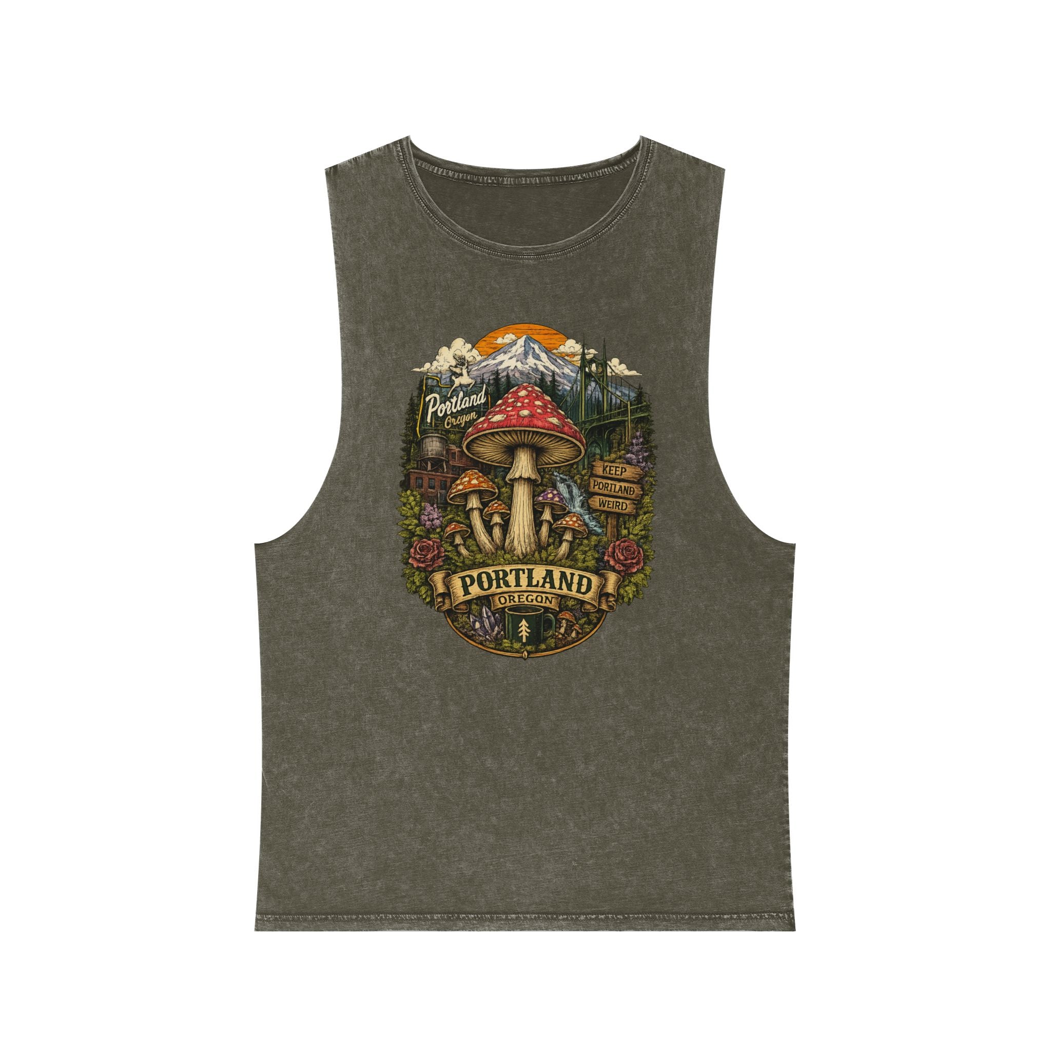 City: Portland Tank Top: Mushroom Graphic Tank — Stonewash Vintage Nature Tank Top