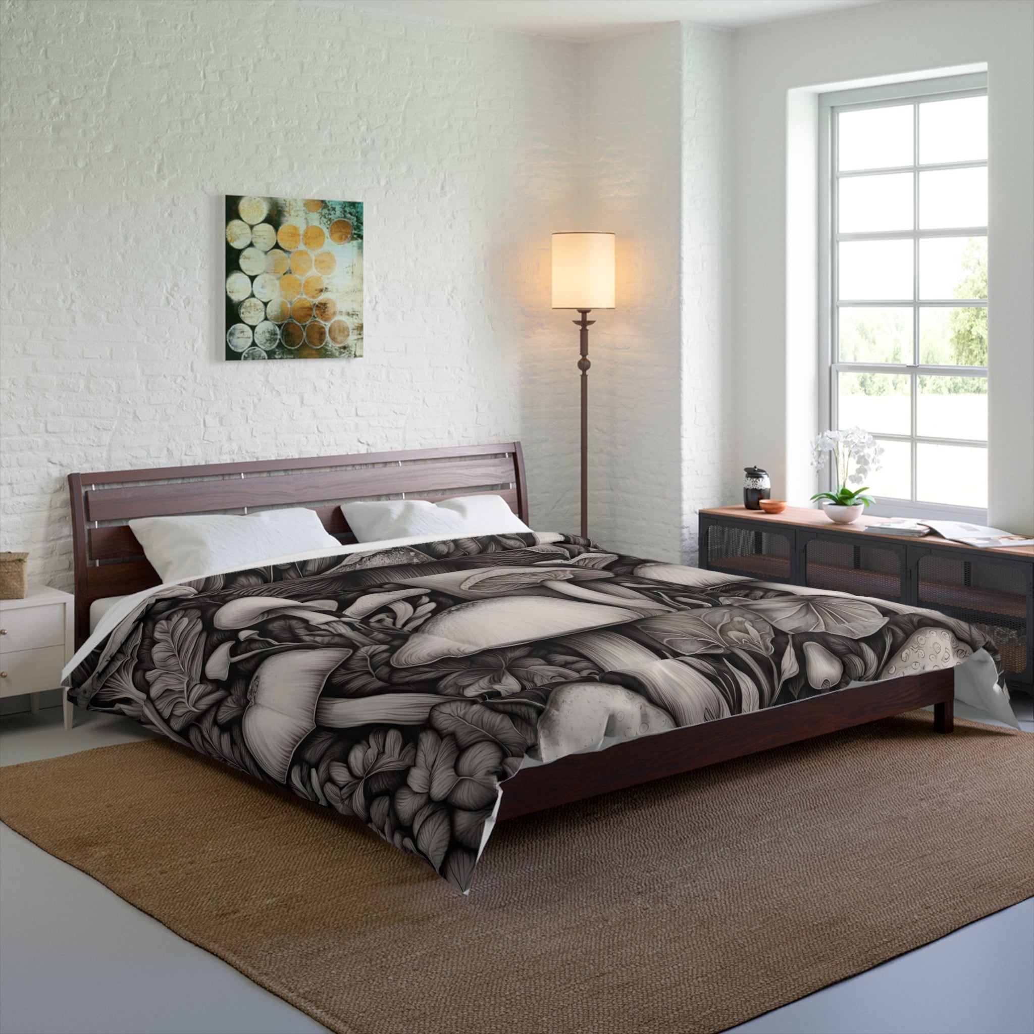 Comforter: Mushroom Garden Comforter – Monochrome Botanical Fungi Bedding