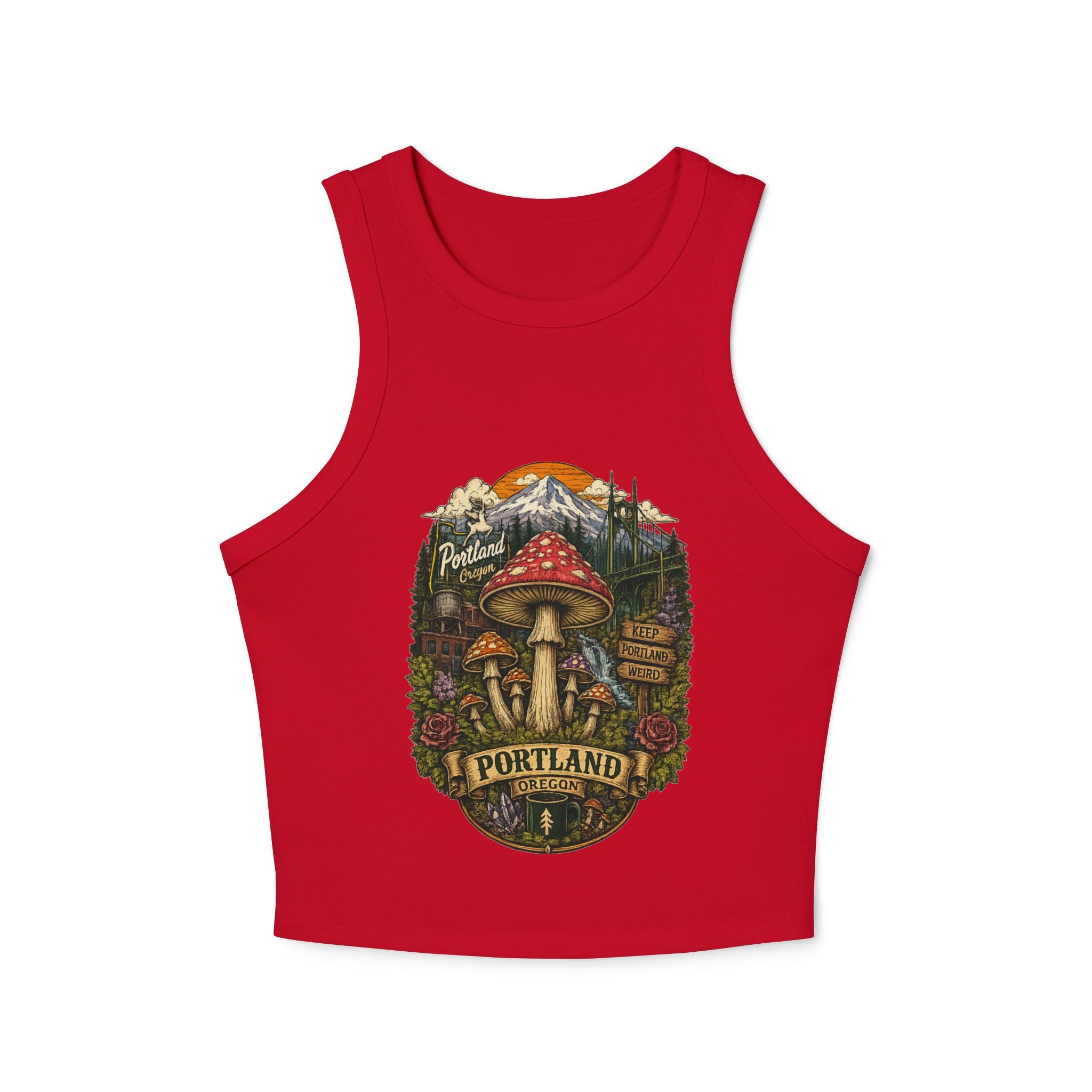 Tank Top: Portland Mushroom Graphic Tank — Women's Crop Racerback Tank Top