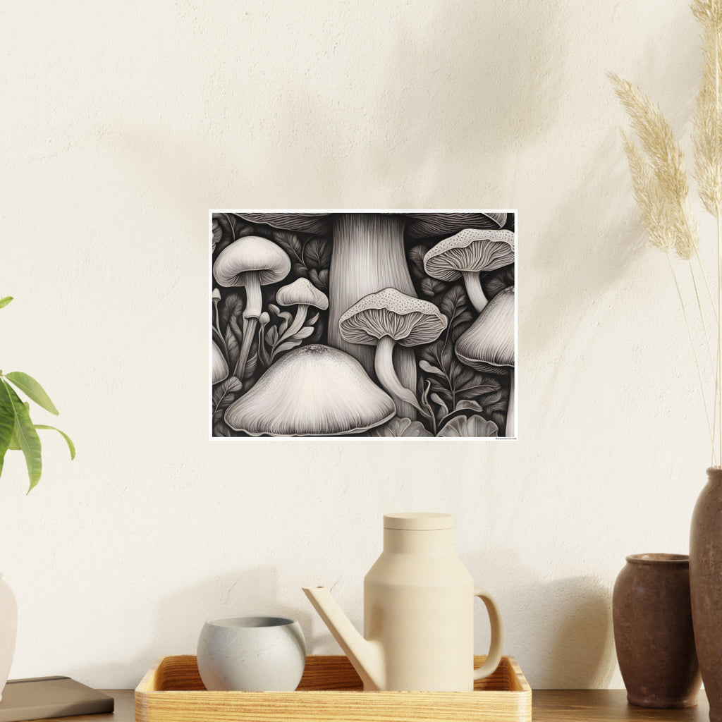 Poster: Mushroom Illustration Poster — Botanical Fungi Art Print
