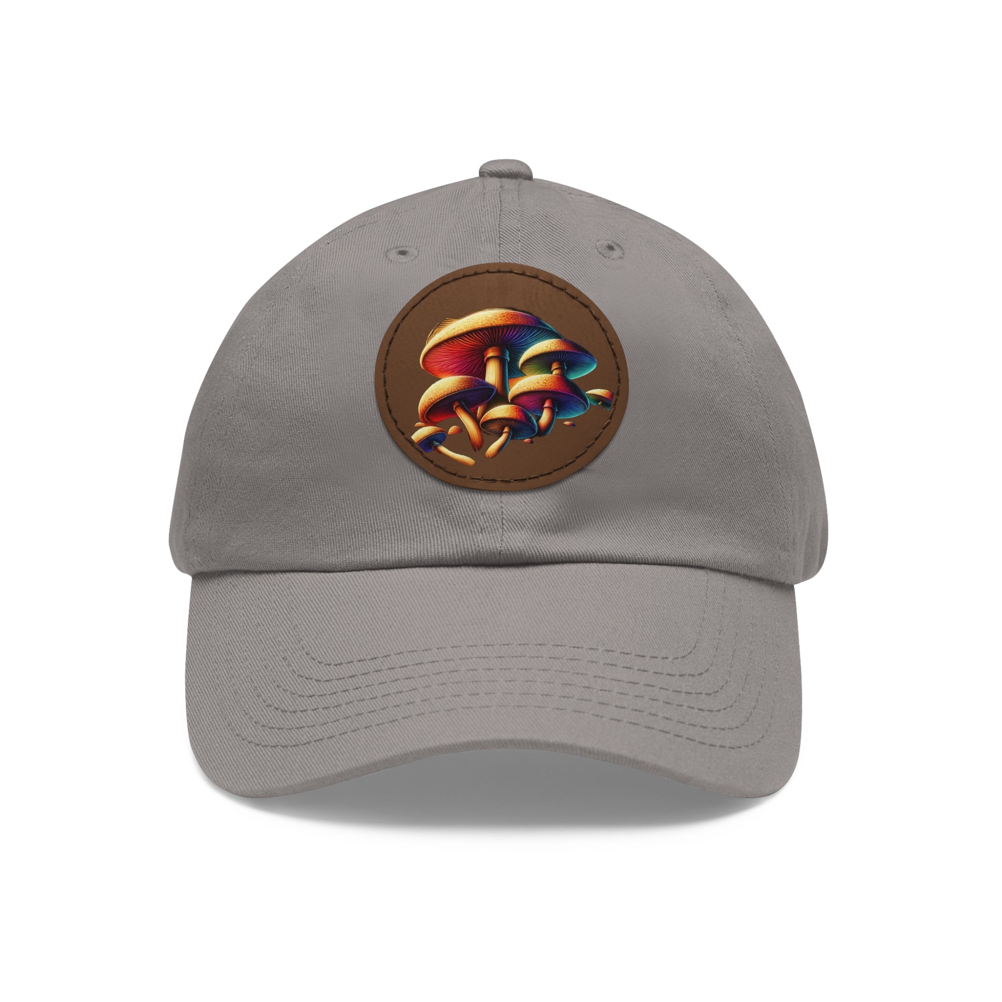Mushroom Patch Dad Hat — Colorful Psychedelic Fungi Leather Patch Cap
