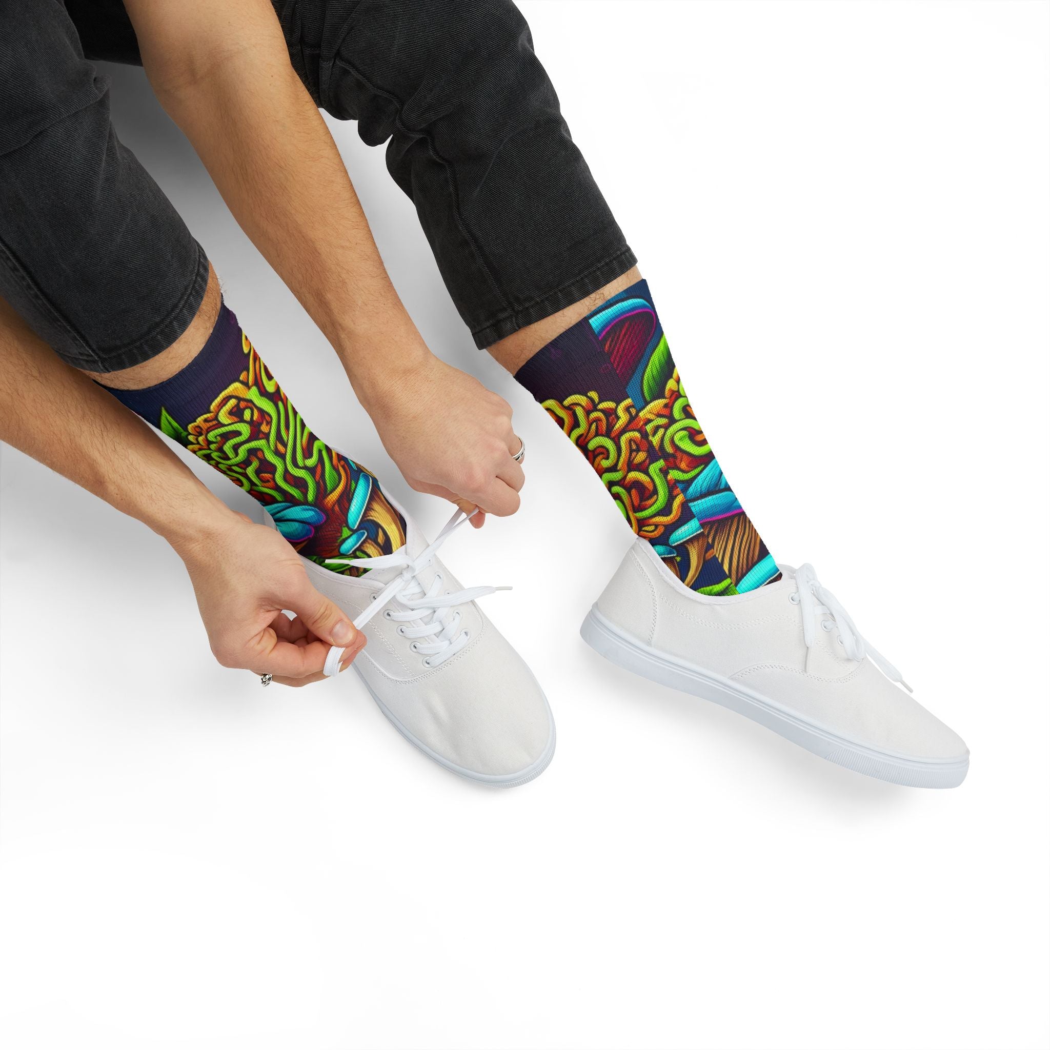 Socks: Psychedelic Mushroom Socks — Vibrant Green Fungi Sublimation Crew Socks