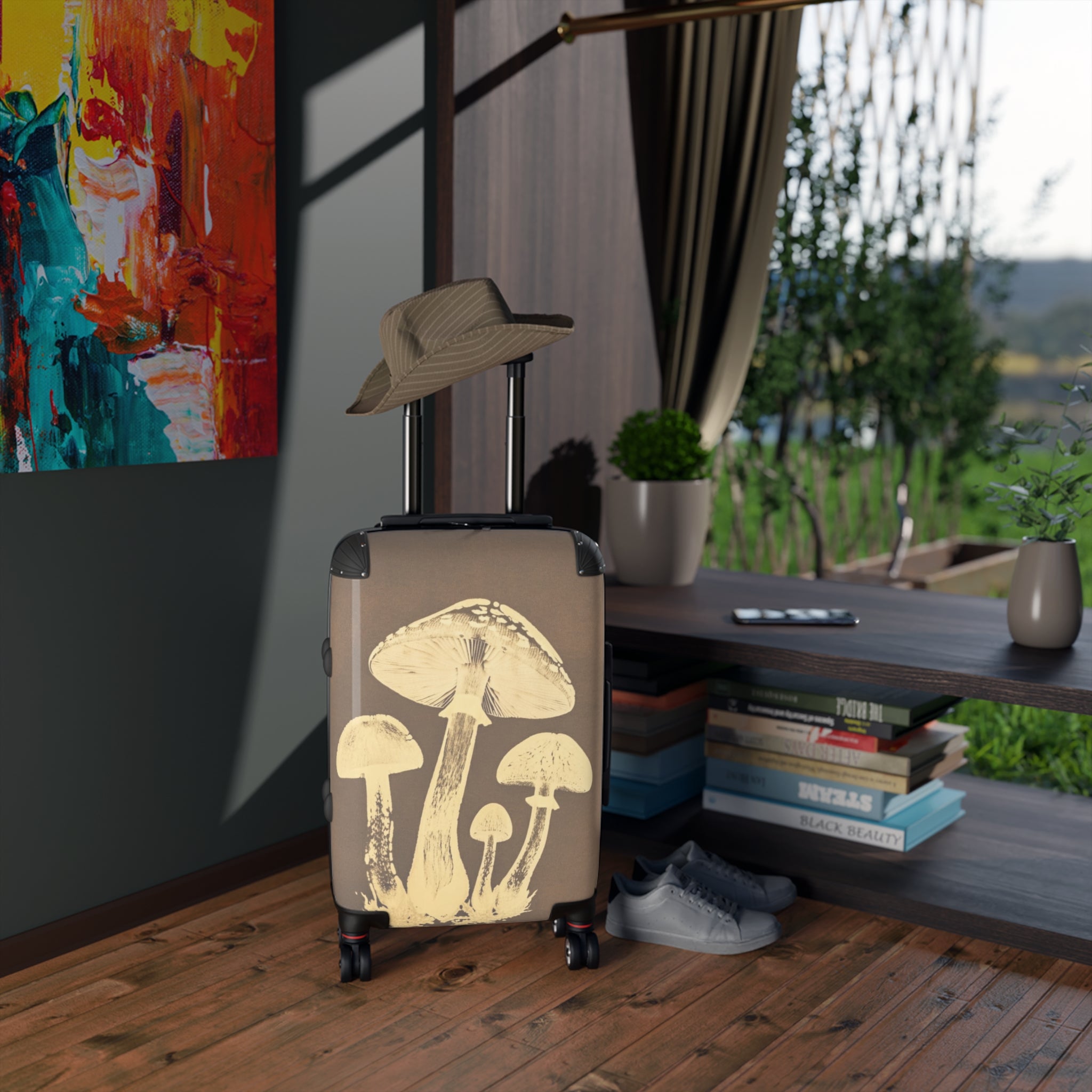 Mushroom Illustration Suitcase — Vintage Botanical Carry-On Luggage