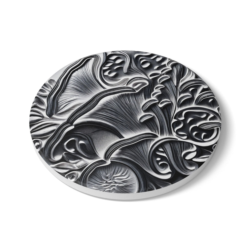 Ceramic Coaster: Black & Silver Floral Relief Design, Elegant Gothic Home Decor