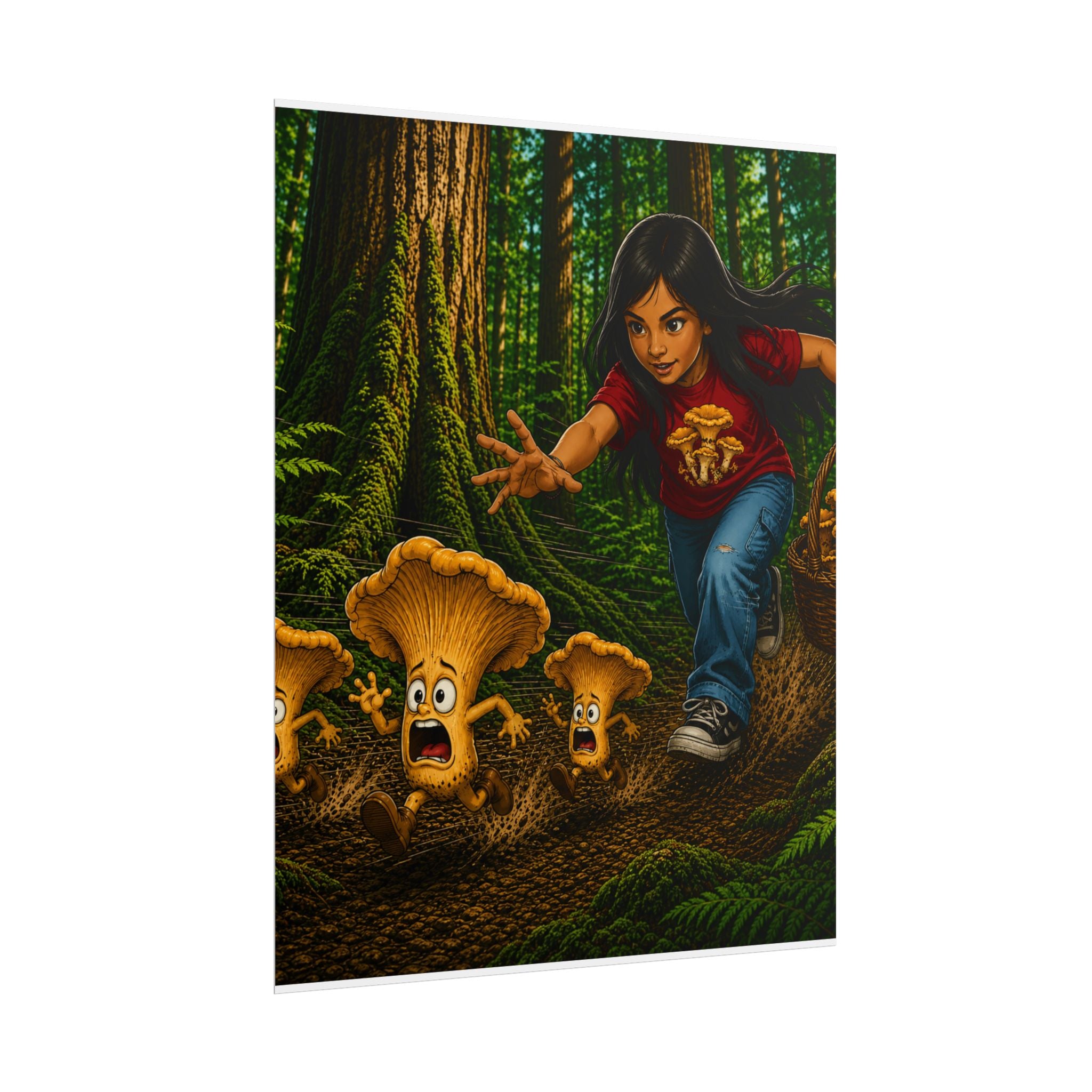Rolled Poster: Girl Chasing Animated Mushrooms Forest Art Print