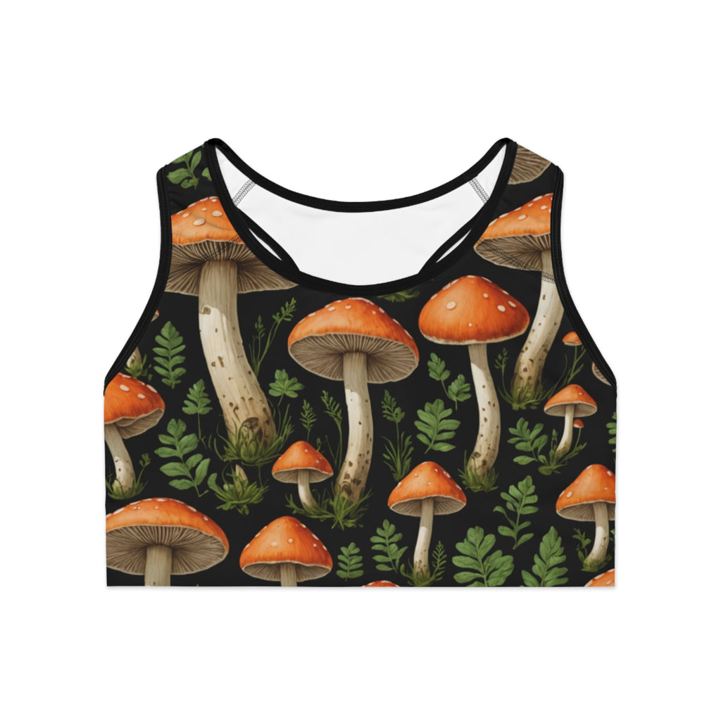 Mushroom Forest Sports Bra — Botanical Orange Toadstool Activewear
