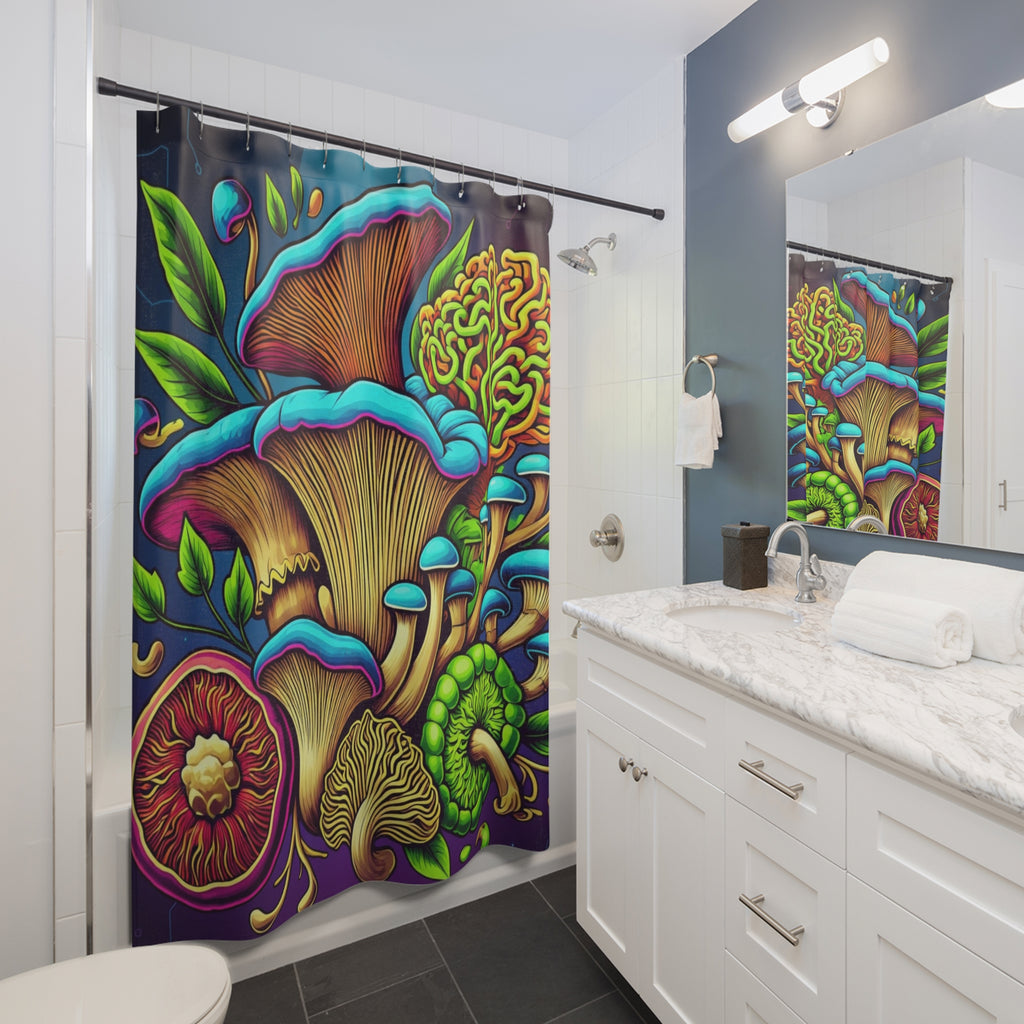 Psychedelic Mushroom Shower Curtain - Colorful Botanical Fungi Bathroom Decor