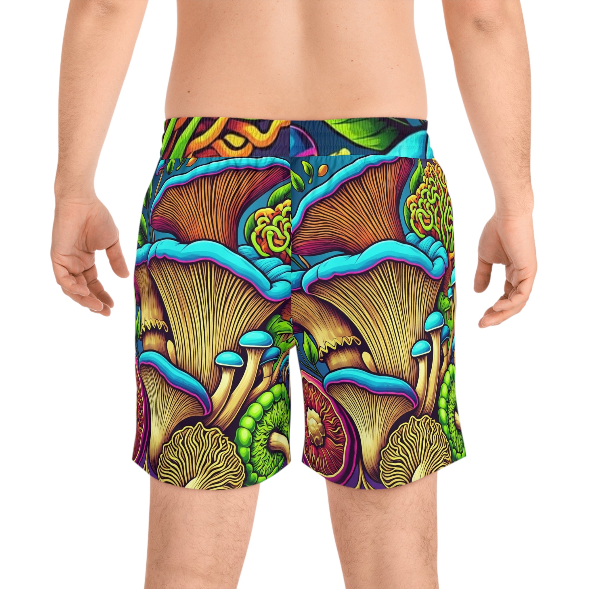 Psychedelic Mushroom Print Men's Swim Shorts — Colorful Fungi AOP Beach Trunks