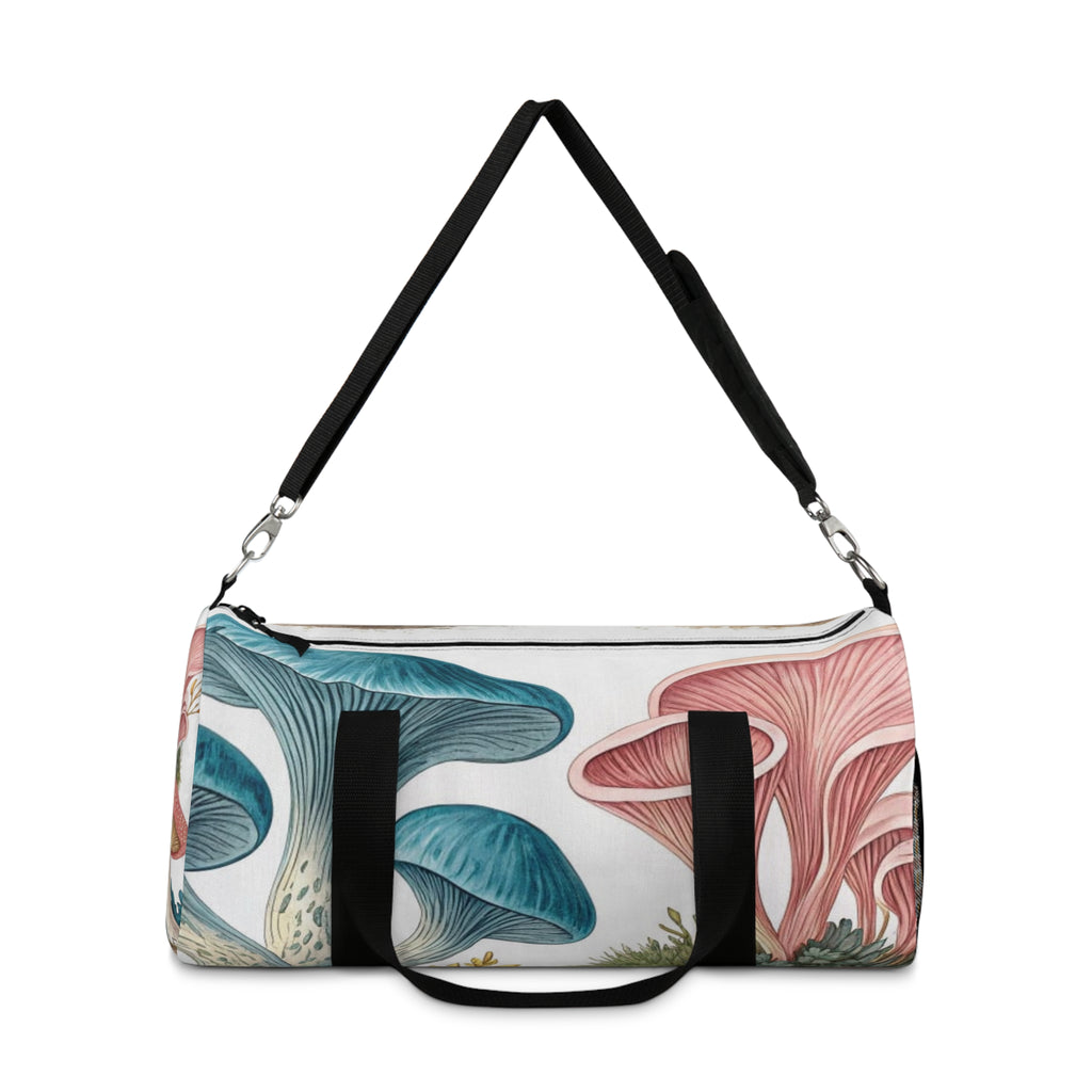 Mushroom Garden Duffel Bag — Botanical Blue & Pink Fungi Travel Bag
