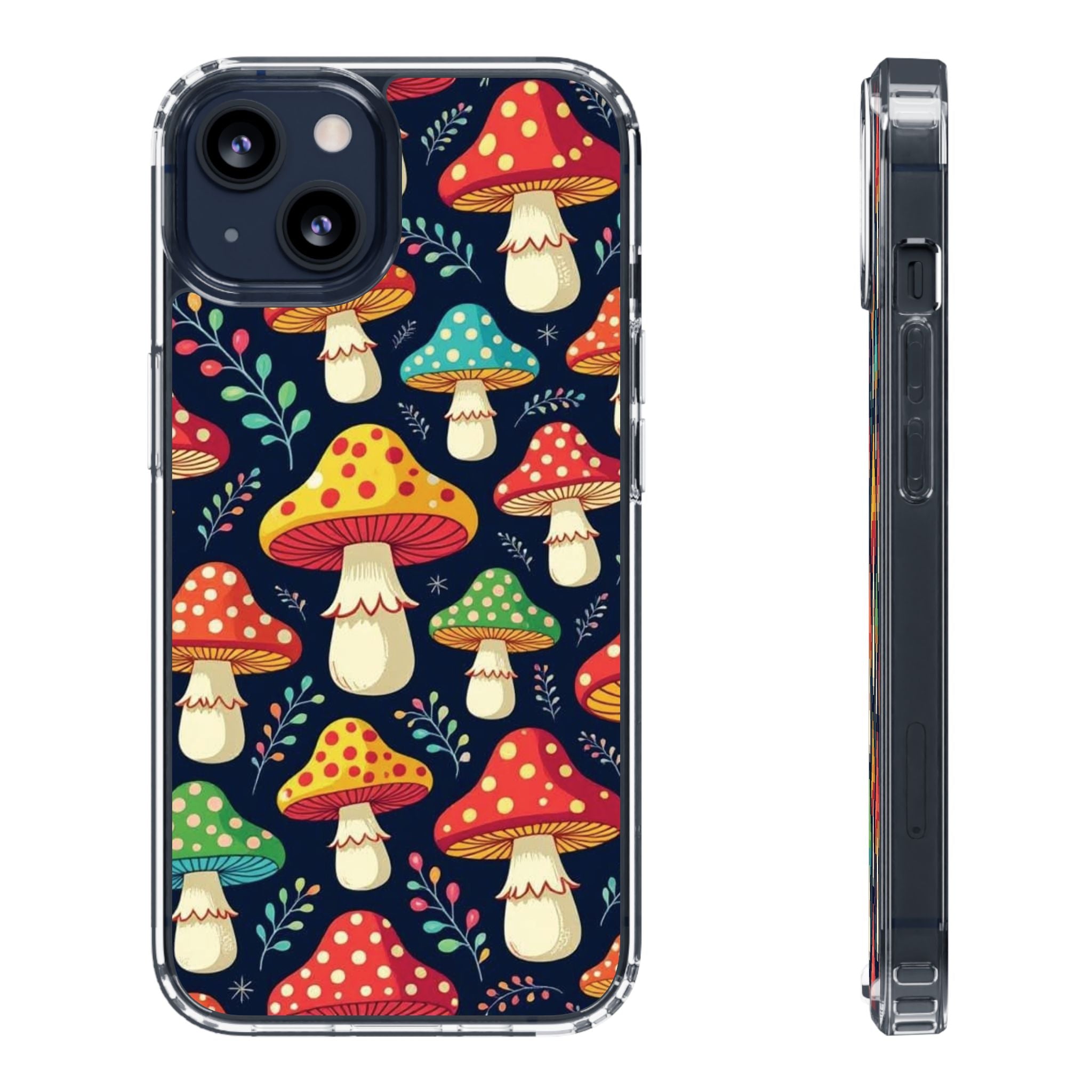 Phone Case: Mushroom Pattern Clear Phone Case — Colorful Toadstool Floral Design