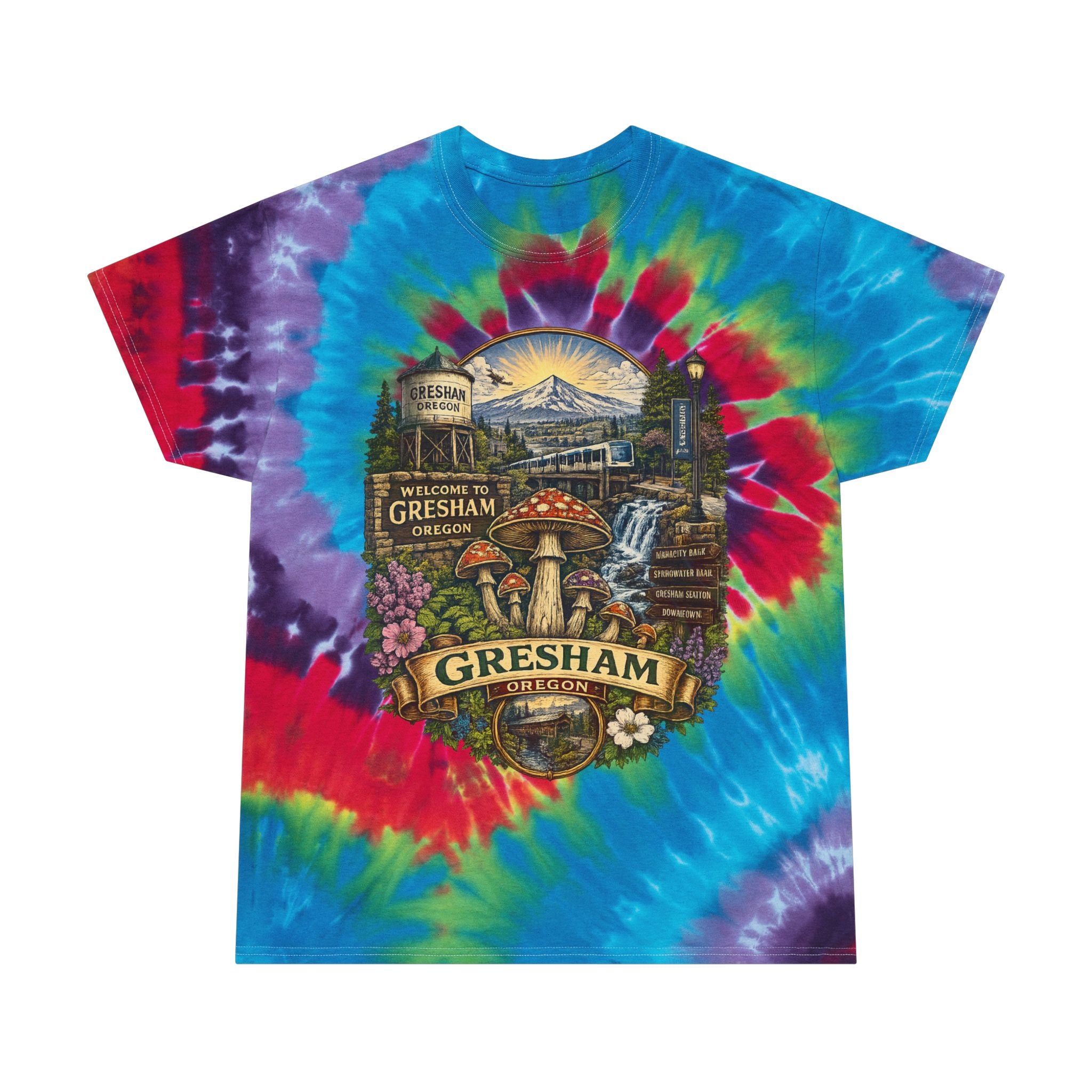 City: Gresham Oregon Spiral Tie-Dye Tee — Vintage Mushroom & Farmers Market Graphic