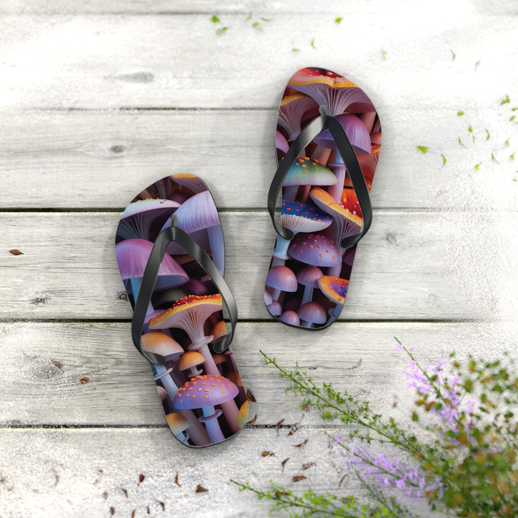 Flops: Psychedelic Mushroom Flip Flops - Colorful Fantasy Beach Sandals