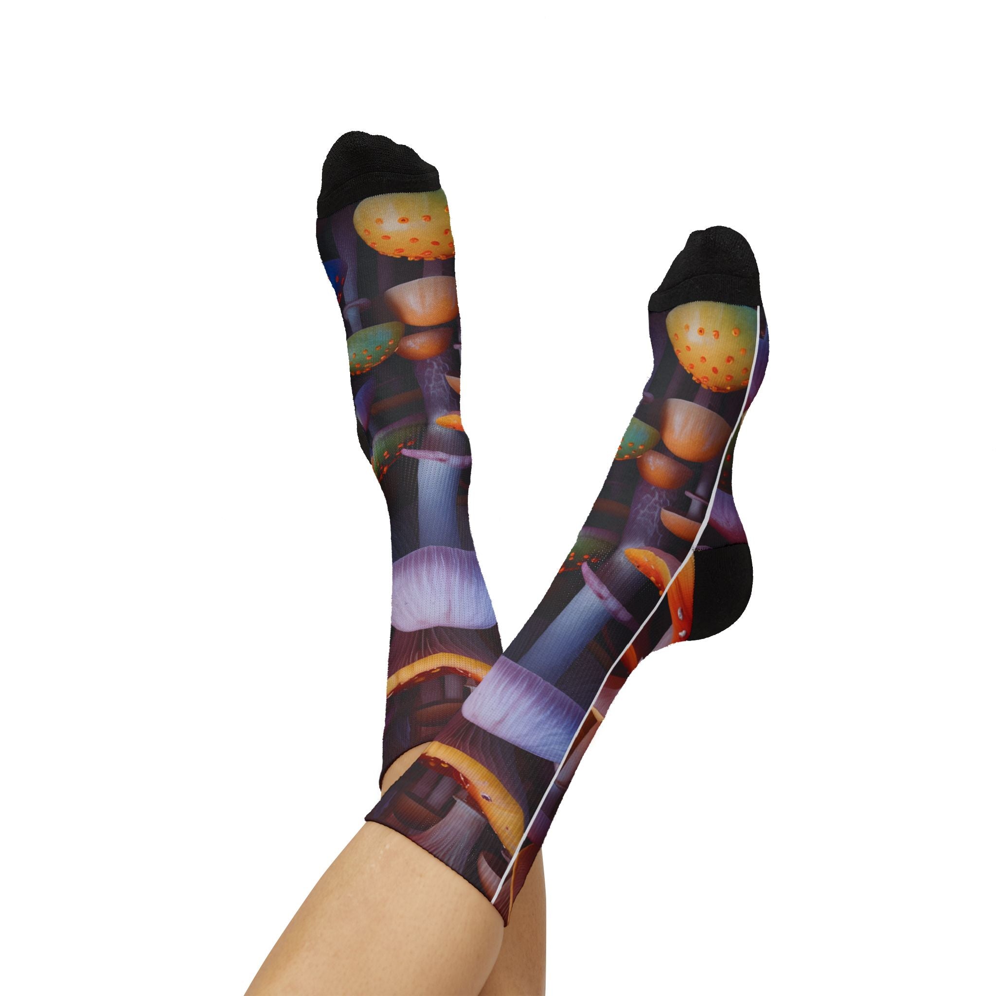 Socks: Mushroom Forest Sublimation Socks — Colorful Psychedelic Fungi Crew Socks