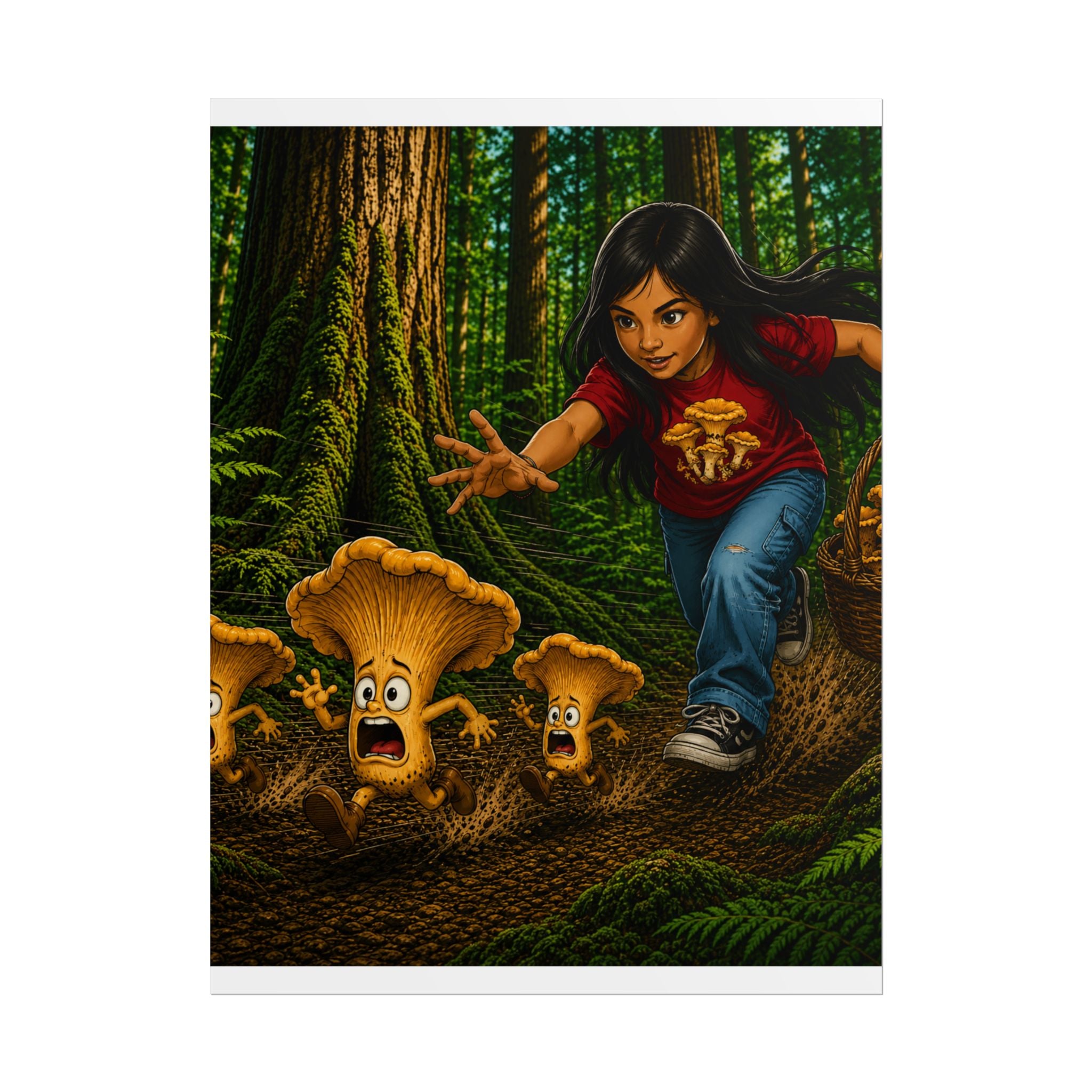 Rolled Poster: Girl Chasing Animated Mushrooms Forest Art Print