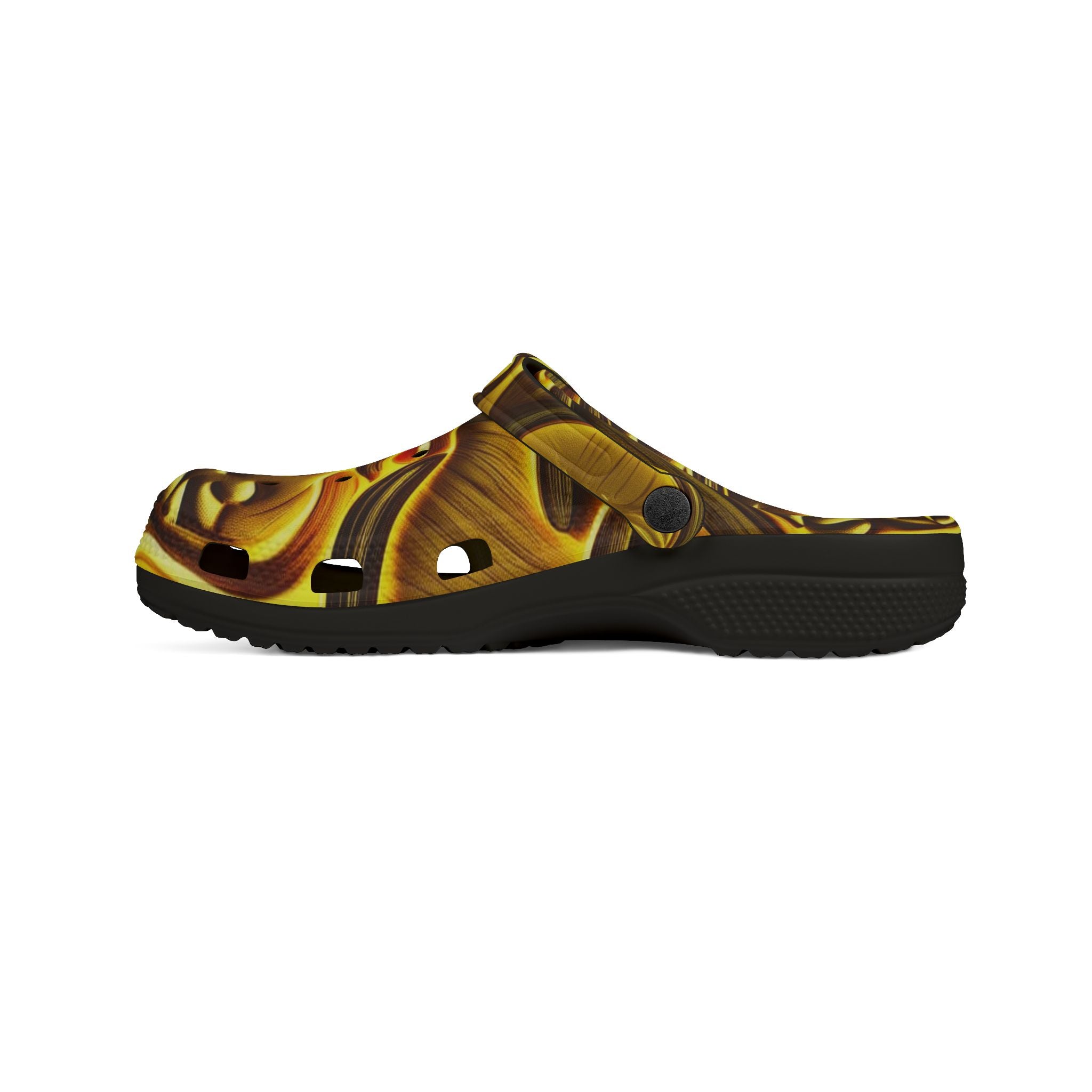 Clogs: Golden Swirl EVA Foam Clogs — Abstract Metallic Pattern Slip-Ons