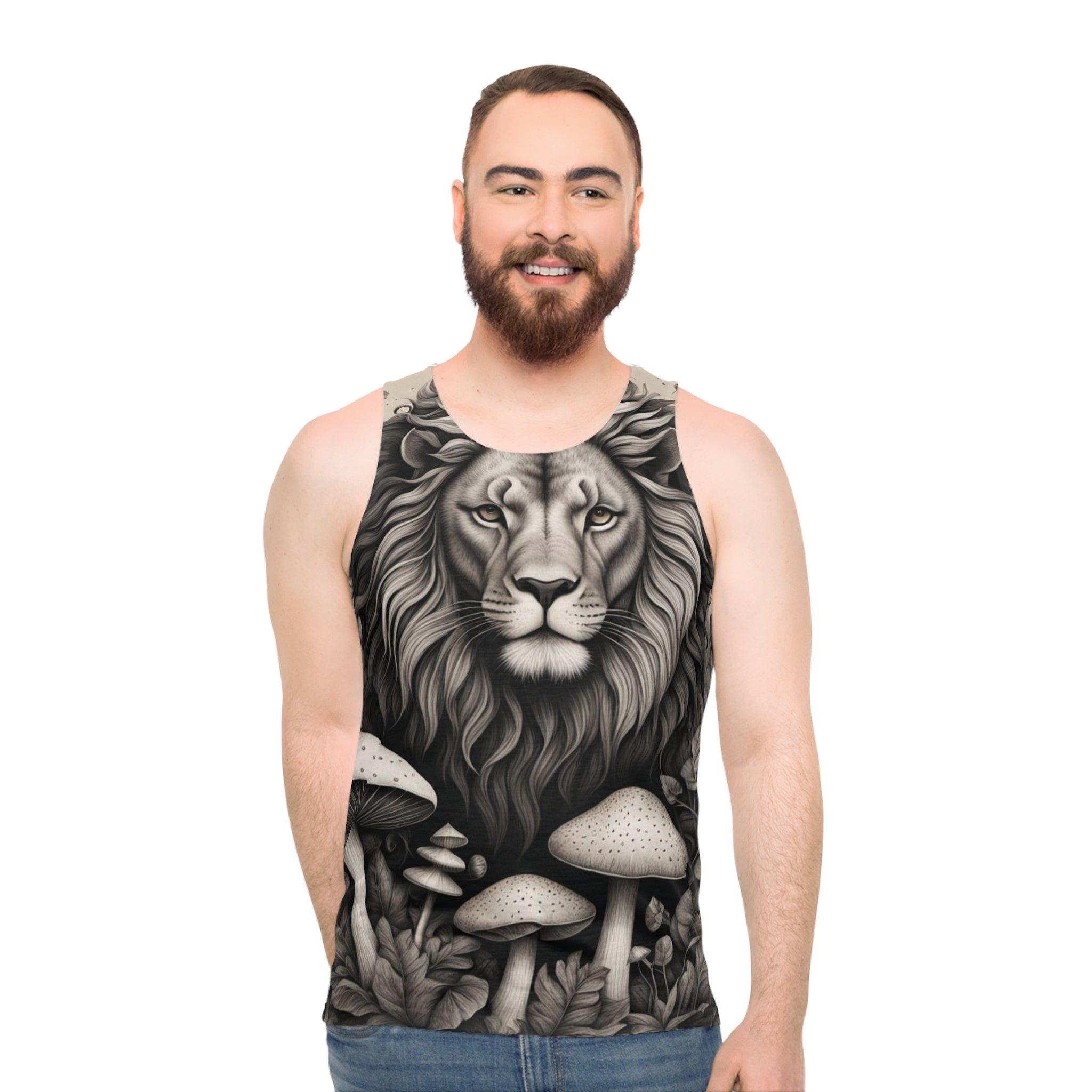 Lion and Mushrooms All-Over Print Tank Top — Monochrome Majestic Forest Vibe