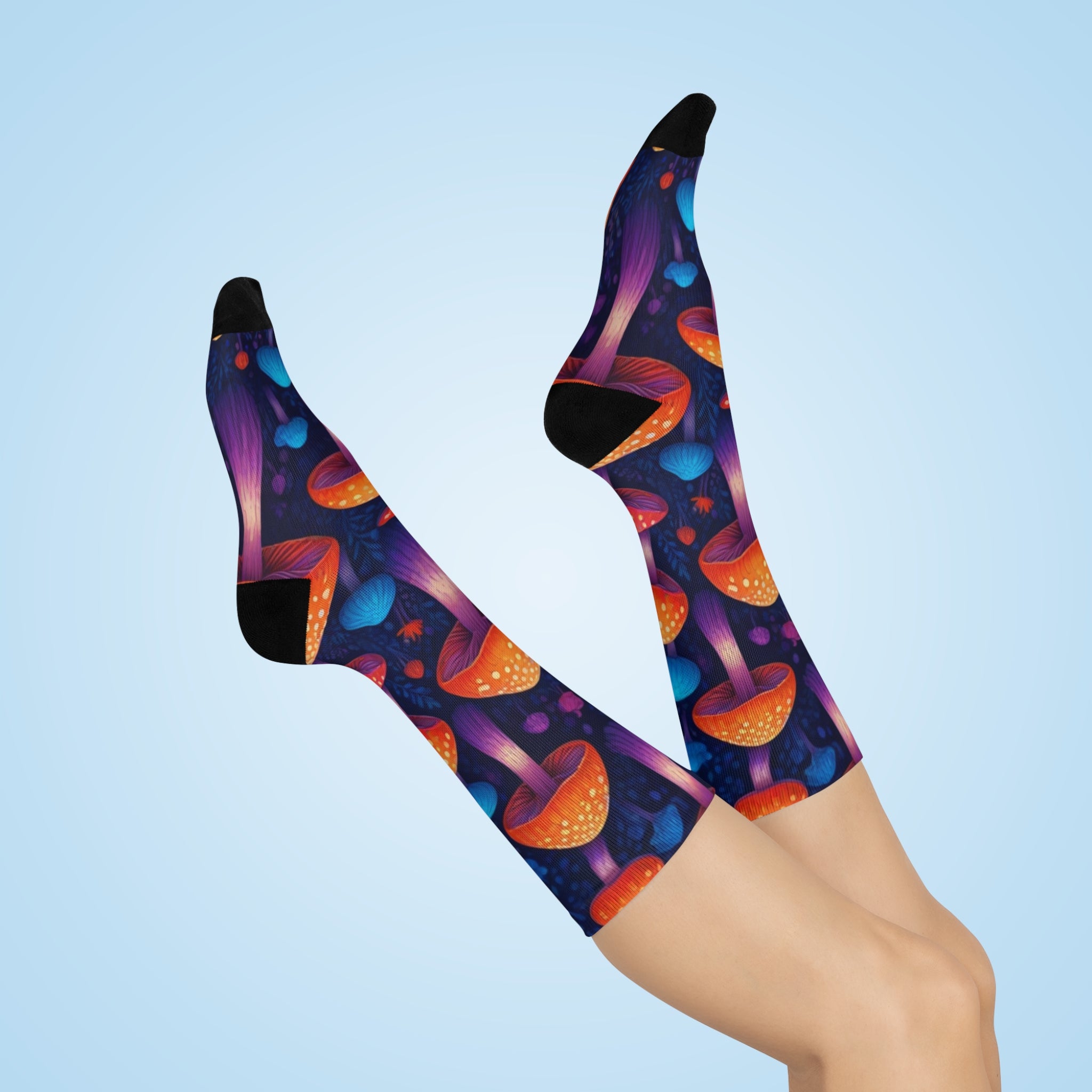 Psychedelic Mushroom Crew Socks — Colorful Fantasy Fungi Cushion Crew