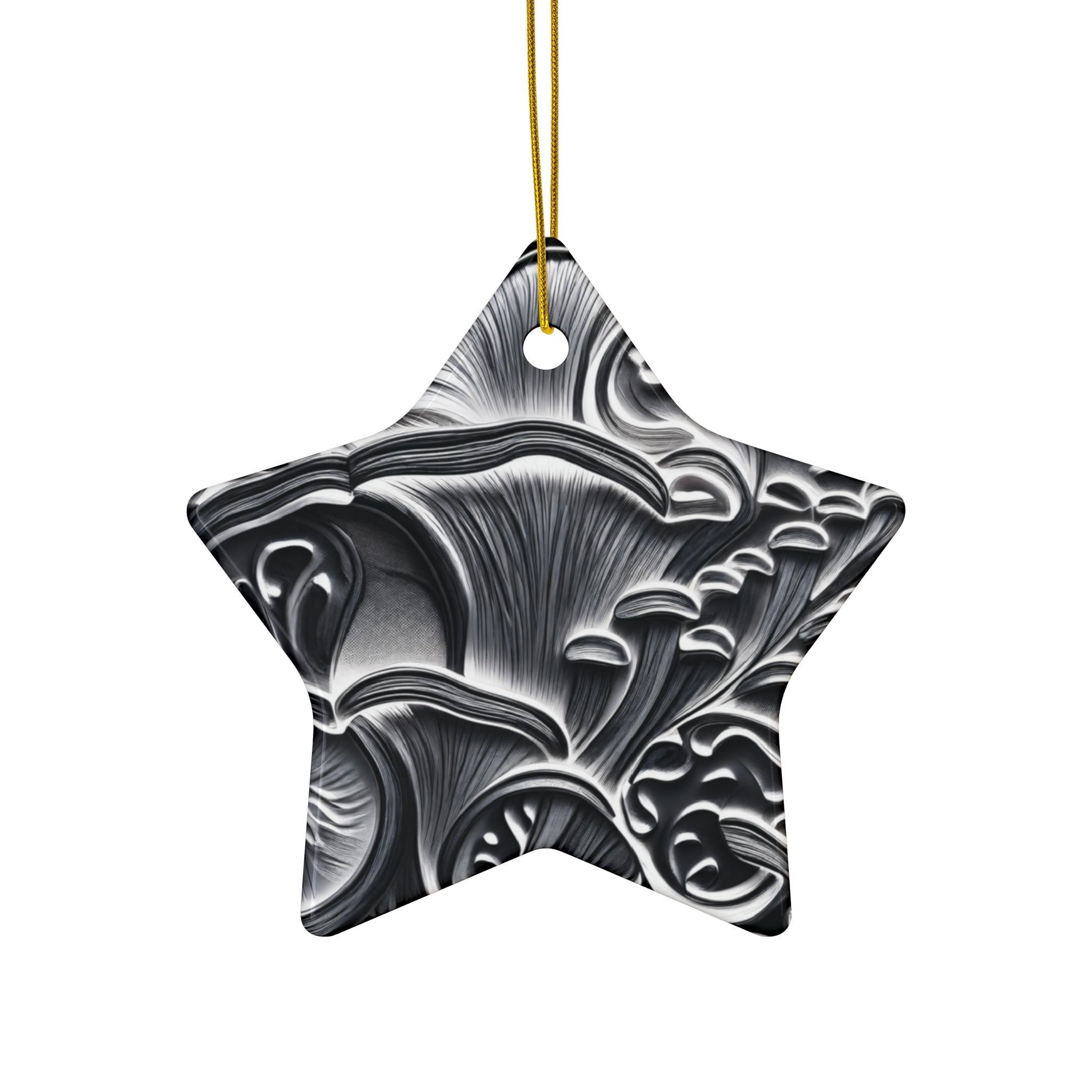 Ceramic Ornament: Black & White Mushroom Ceramic Ornament — Star-Shaped Decorative Holiday Keepsake