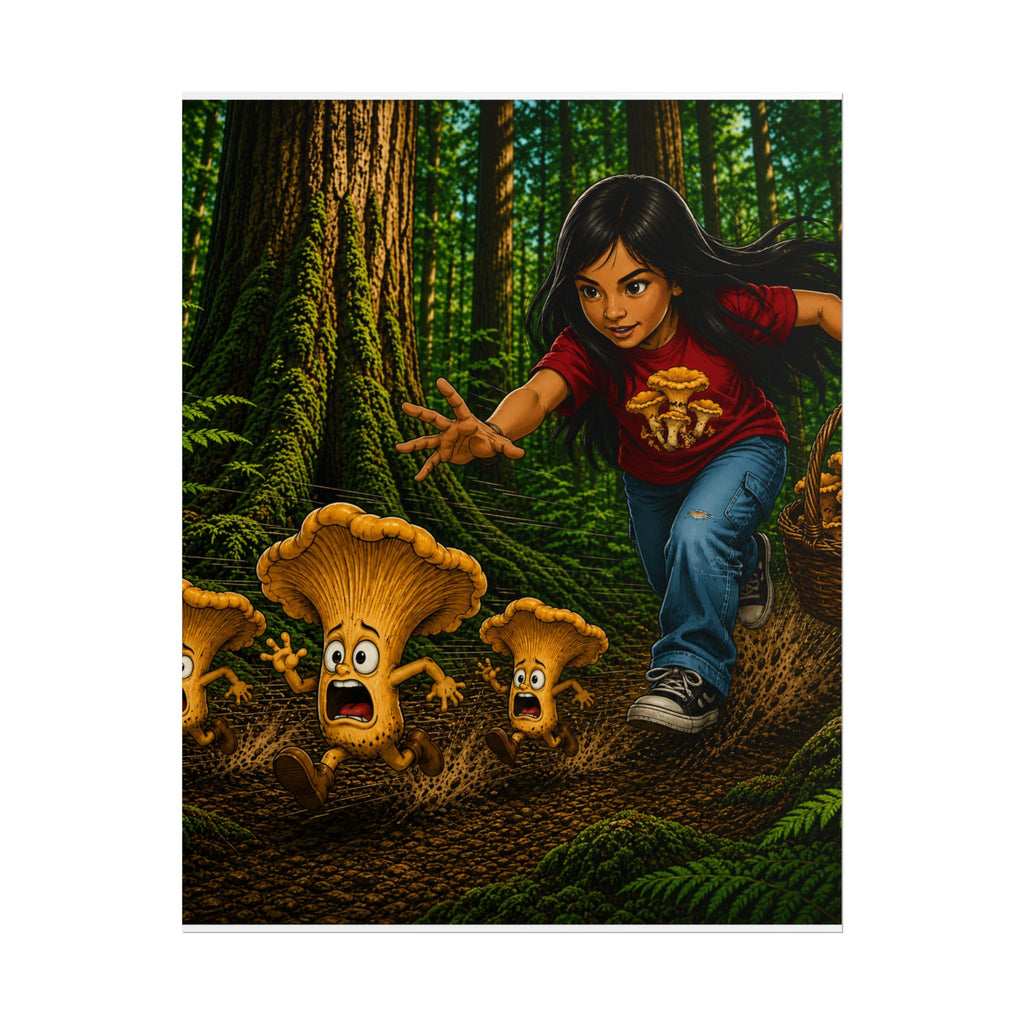Rolled Poster: Girl Chasing Animated Mushrooms Forest Art Print