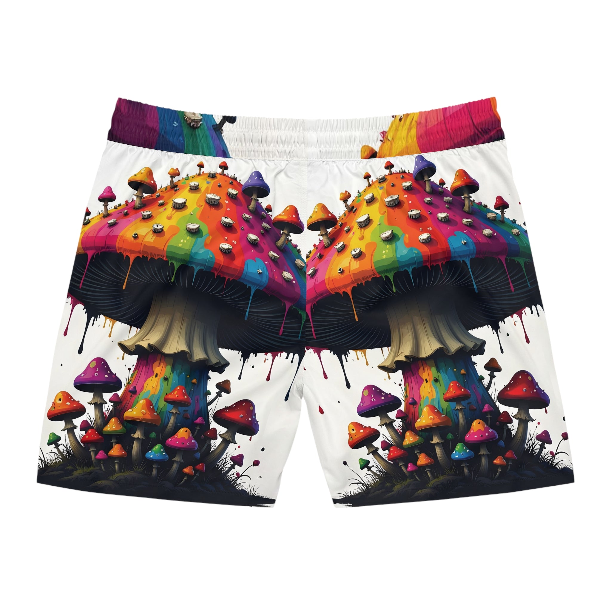 Psychedelic Rainbow Mushroom Swim Shorts — Men's Mid-Length Beach Trunks