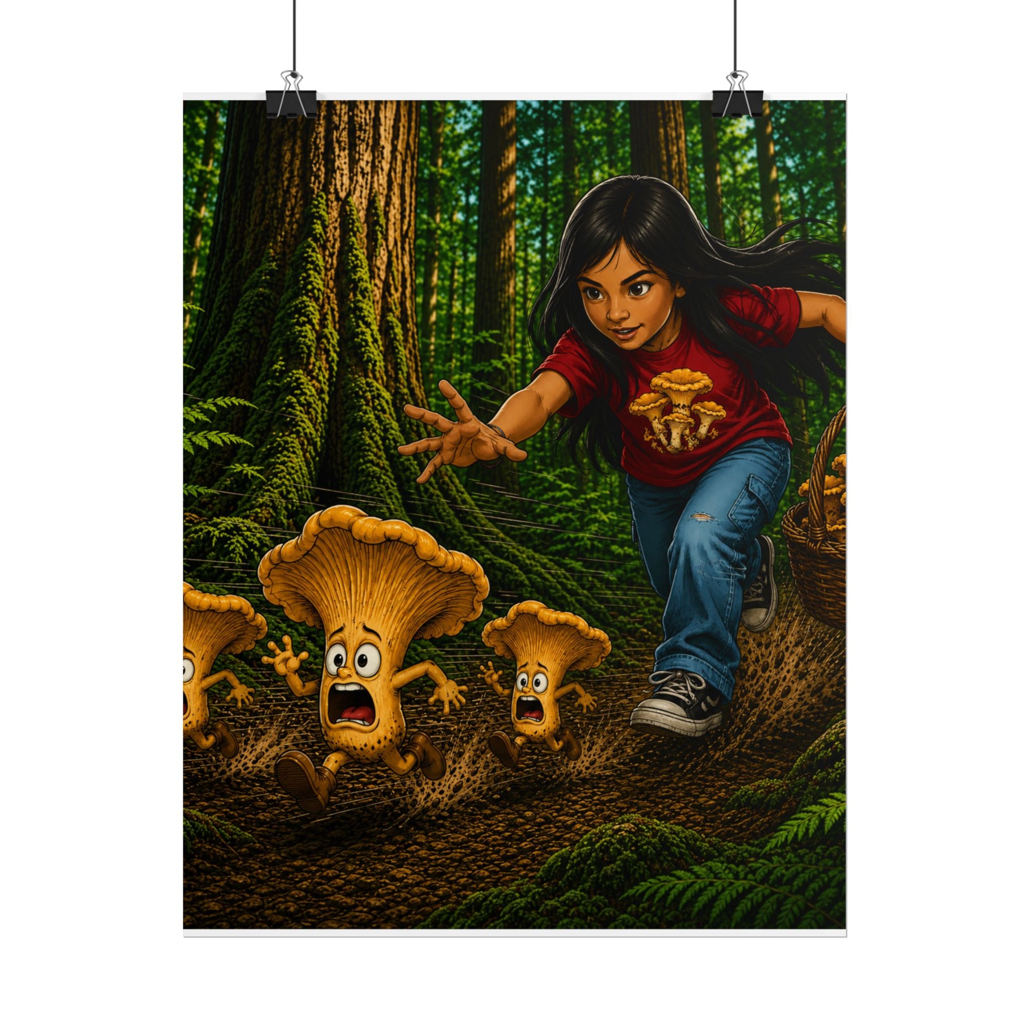 Rolled Poster: Girl Chasing Animated Mushrooms Forest Art Print
