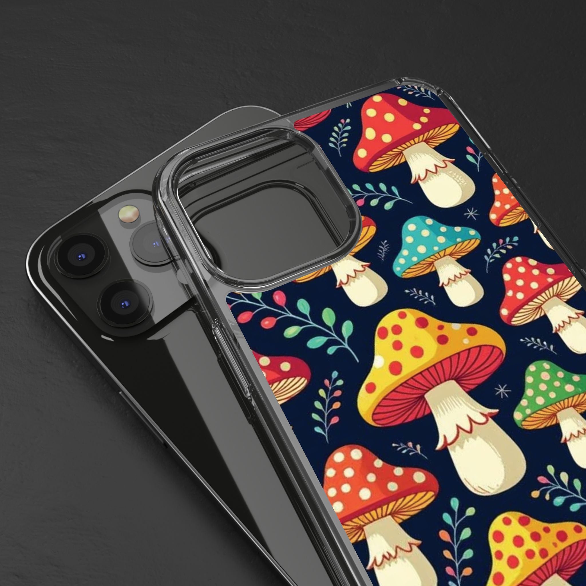 Phone Case: Mushroom Pattern Clear Phone Case — Colorful Toadstool Floral Design