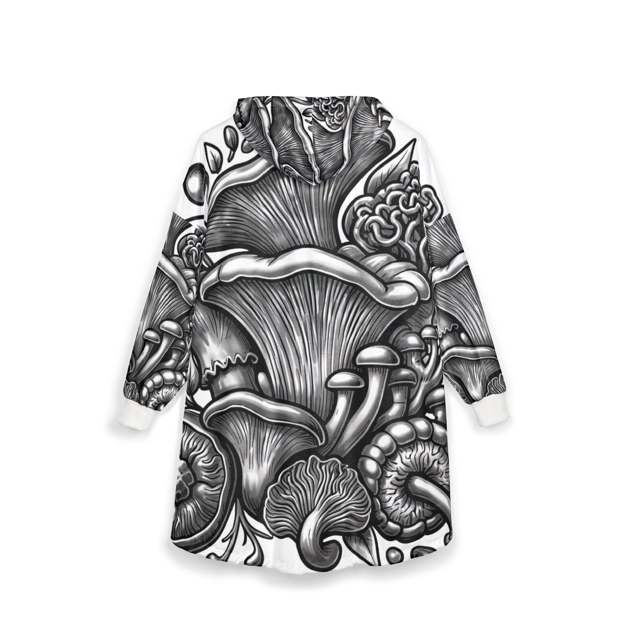 Mushroom Forest Hooded Blanket — Black & White Fungi Illustration Cozy Throw