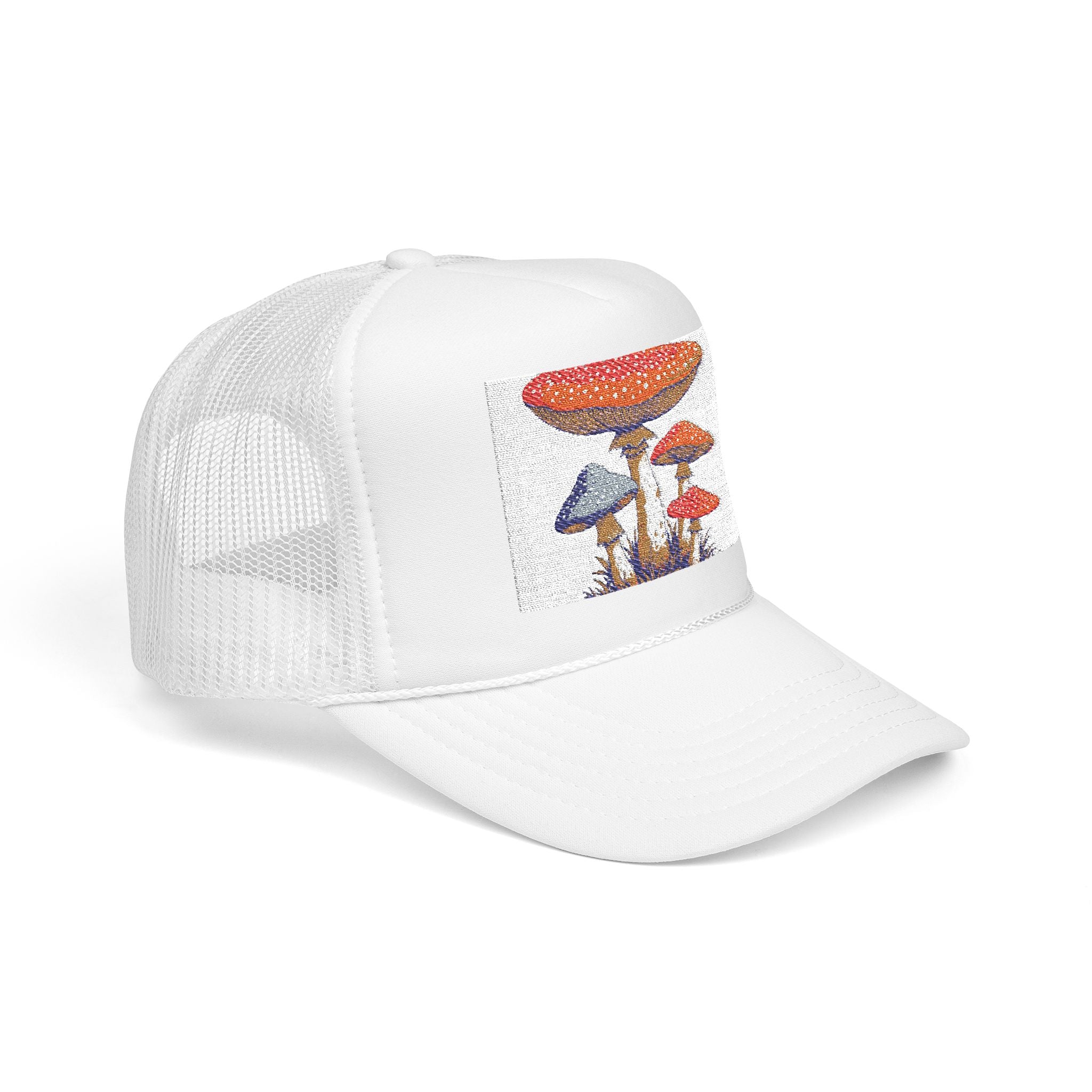 Mushroom Patch Trucker Hat — Vintage Fungi Graphic Foam Cap