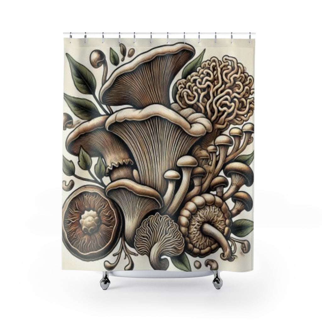 Mushroom Garden Shower Curtain — Botanical Fungi Illustration Bathroom Decor
