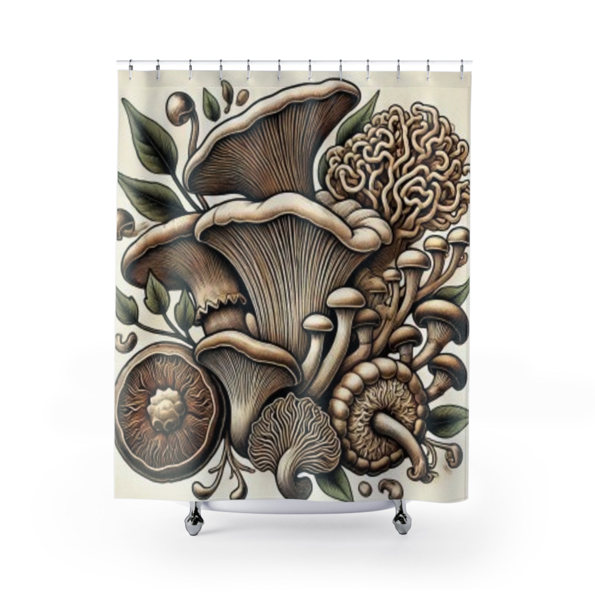 Mushroom Garden Shower Curtain — Botanical Fungi Illustration Bathroom Decor