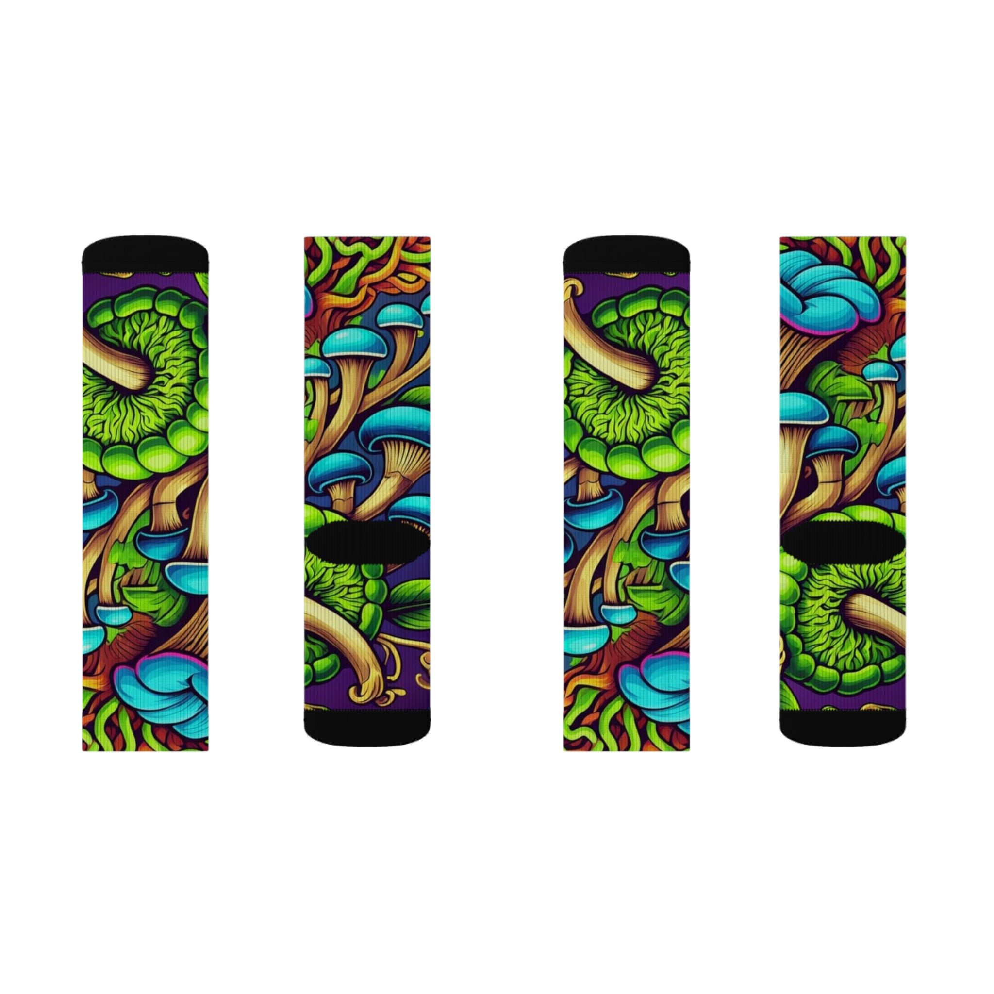 Socks: Psychedelic Mushroom Socks — Vibrant Green Fungi Sublimation Crew Socks