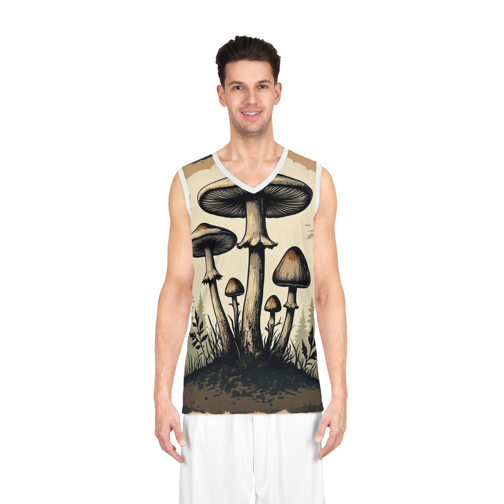 Camiseta de baloncesto Mushroom Forest — Estampado psicodélico vintage de hongos por toda la prenda