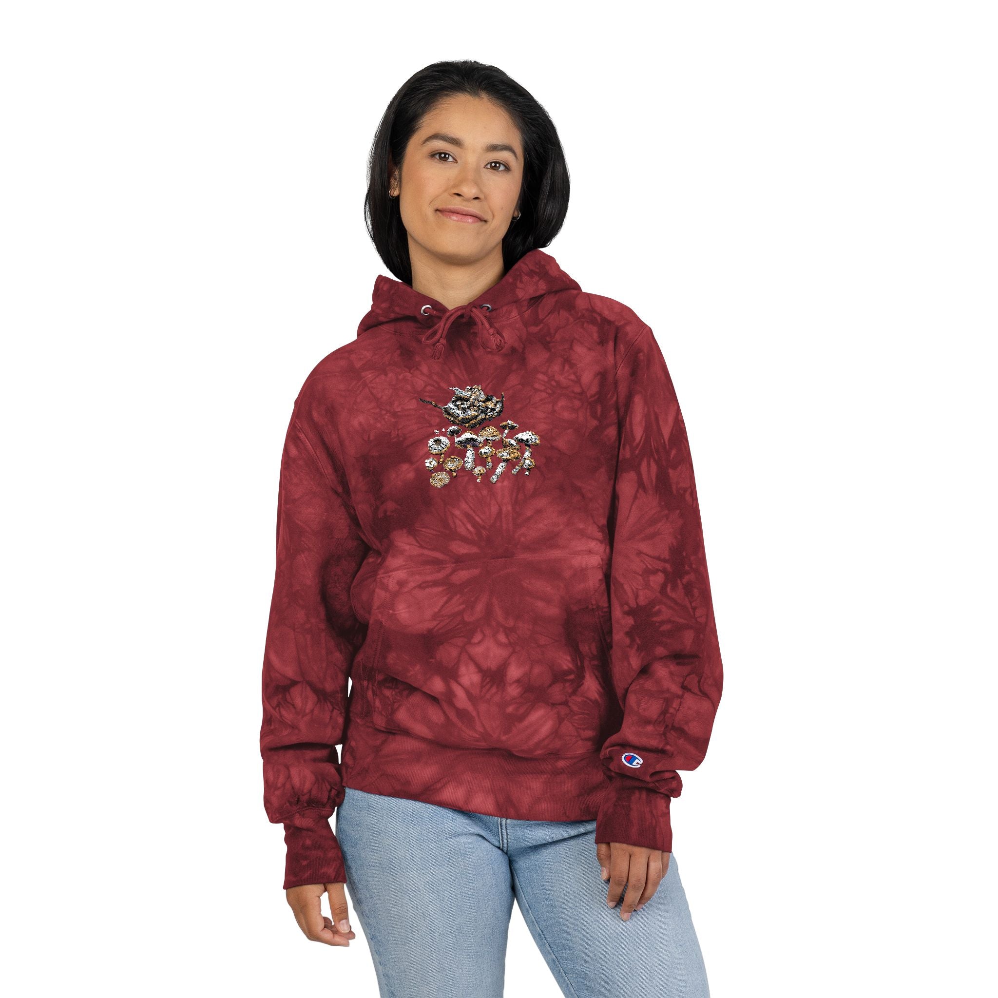 Tie-Dye Embroidered Hoodie – Floral Cluster Chest Design