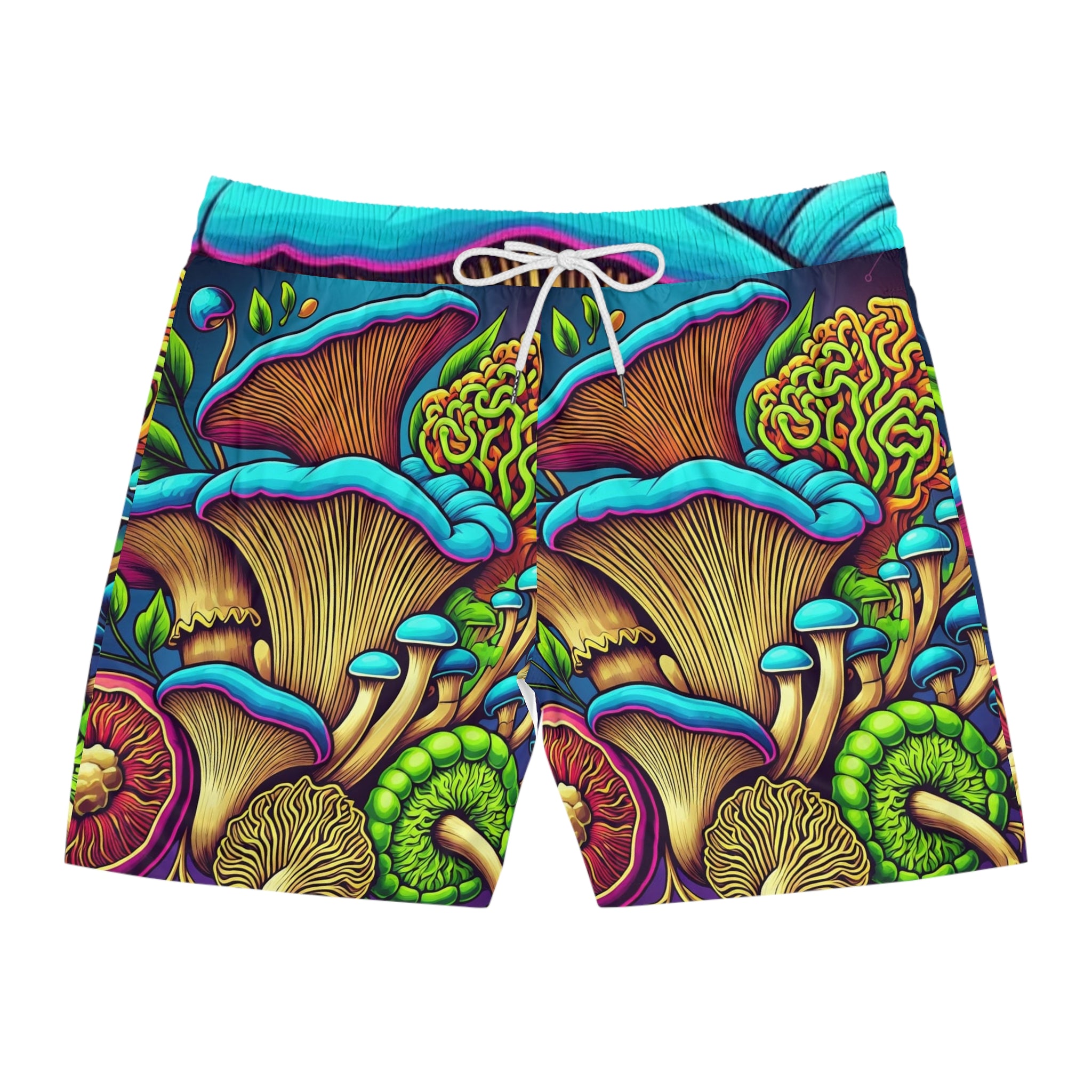 Psychedelic Mushroom Print Men's Swim Shorts — Colorful Fungi AOP Beach Trunks