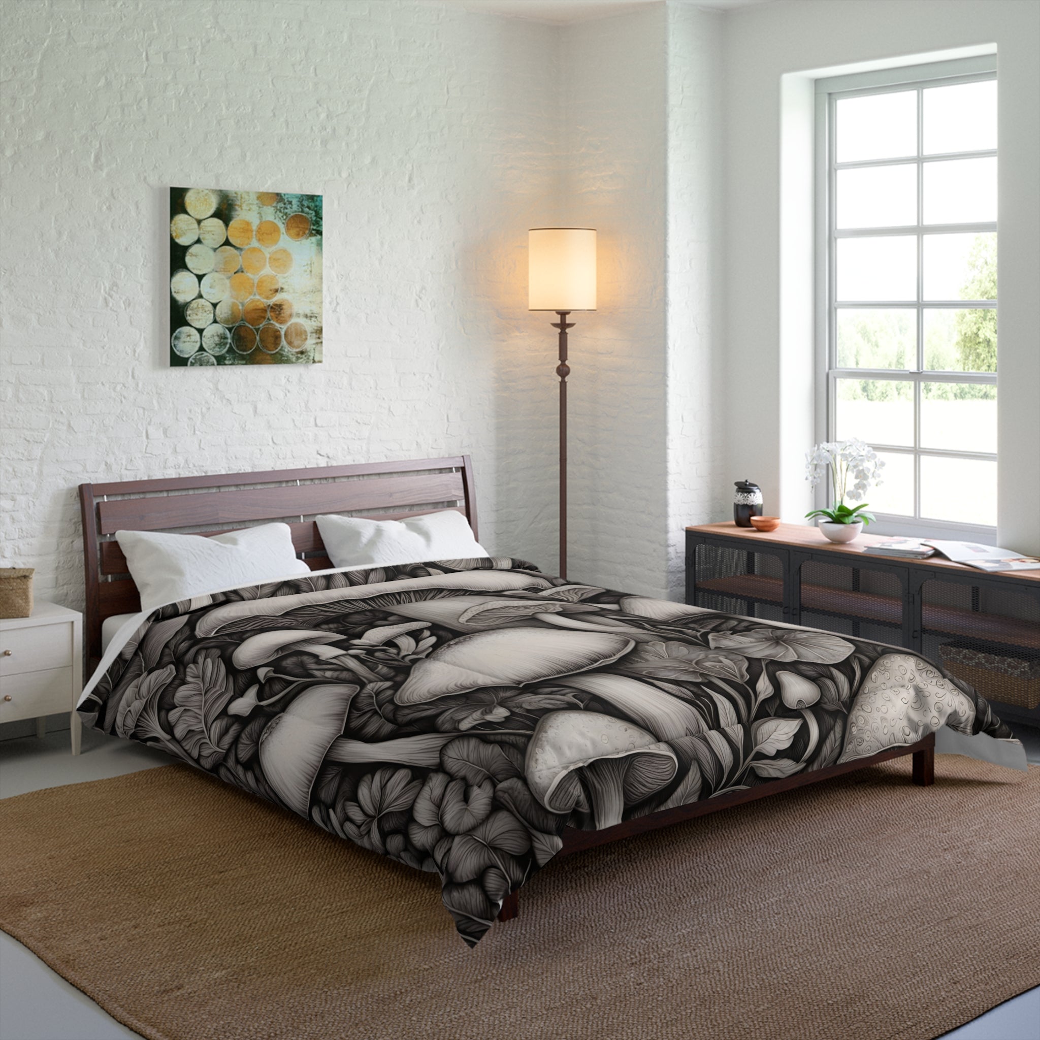Comforter: Mushroom Garden Comforter – Monochrome Botanical Fungi Bedding