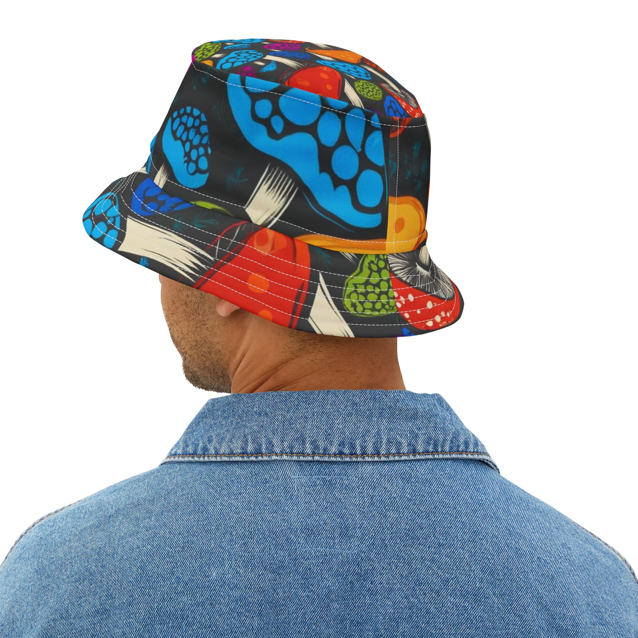 Psychedelic Mushroom Pattern Bucket Hat — Colorful Retro Fungi Print