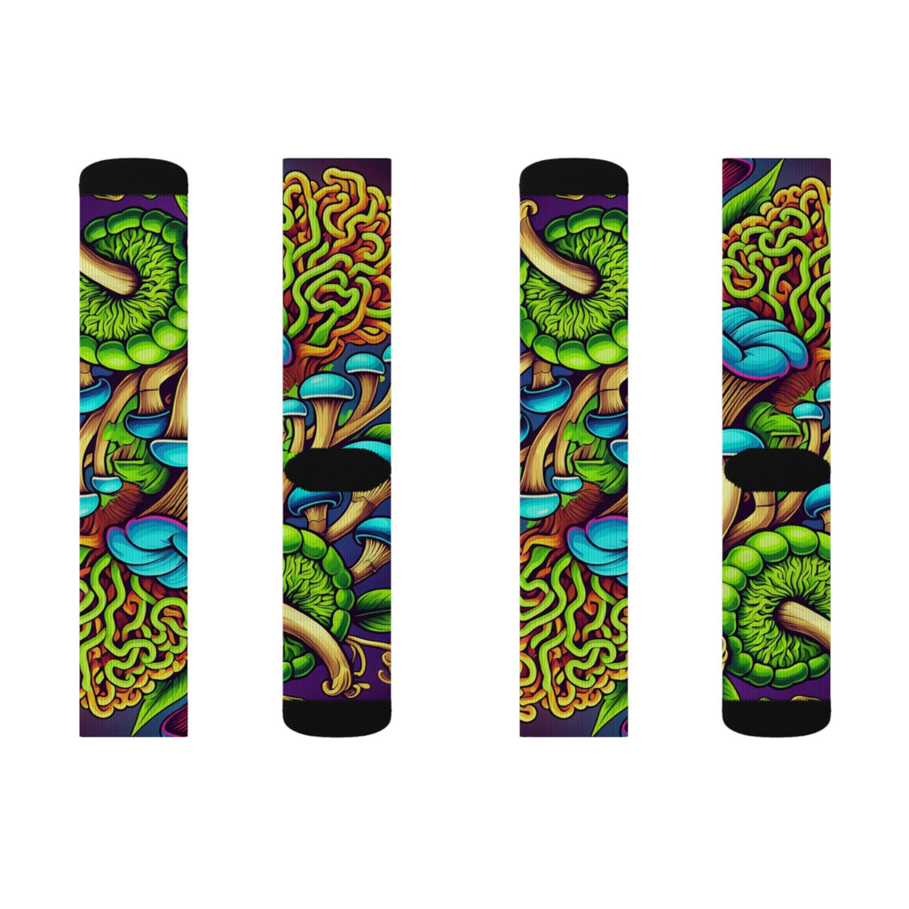 Socks: Psychedelic Mushroom Socks — Vibrant Green Fungi Sublimation Crew Socks