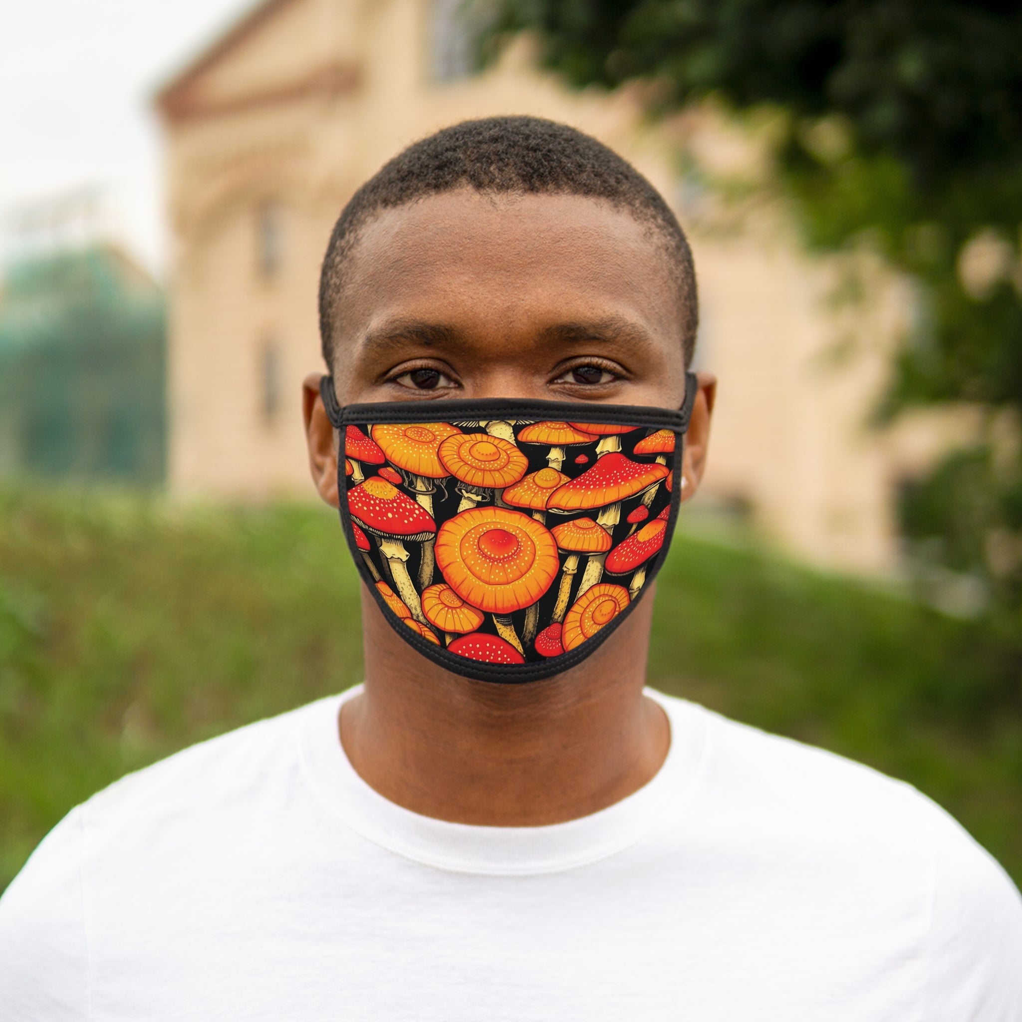 Face Mask: Mushroom Print Face Mask — Vibrant Orange Fungi Pattern