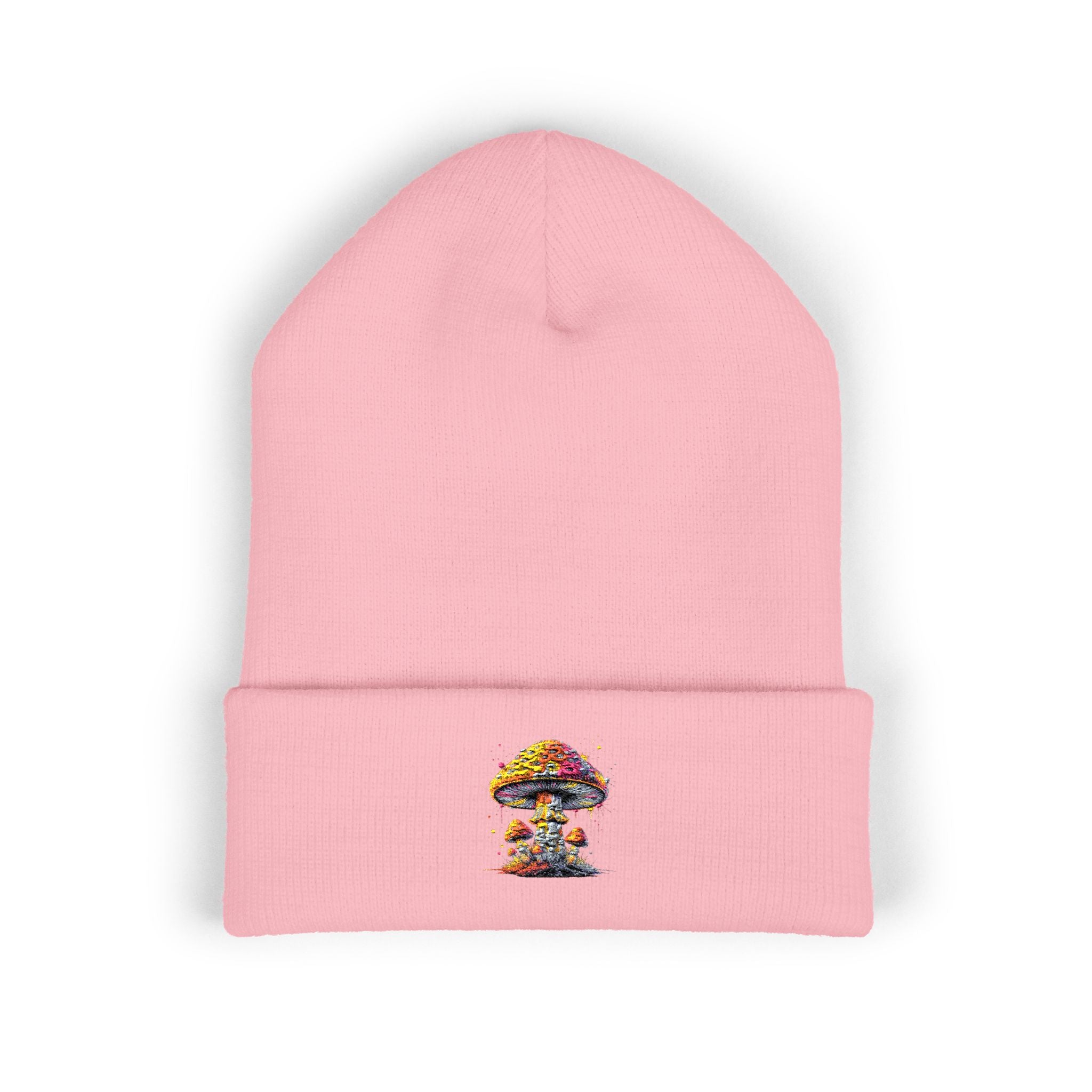 Beanie: Embroidered Colorful Mushroom Beanie — Cute Cuffed Knit Hat