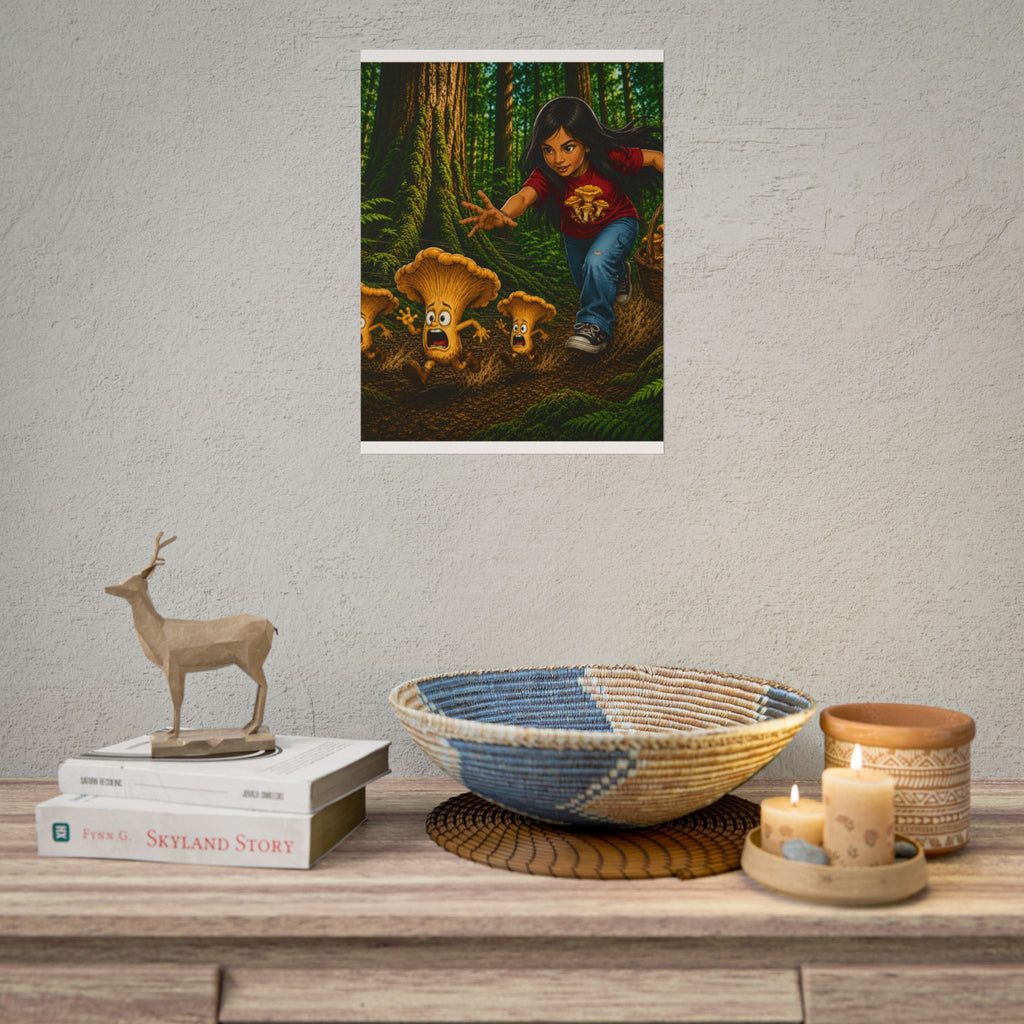 Rolled Poster: Girl Chasing Animated Mushrooms Forest Art Print