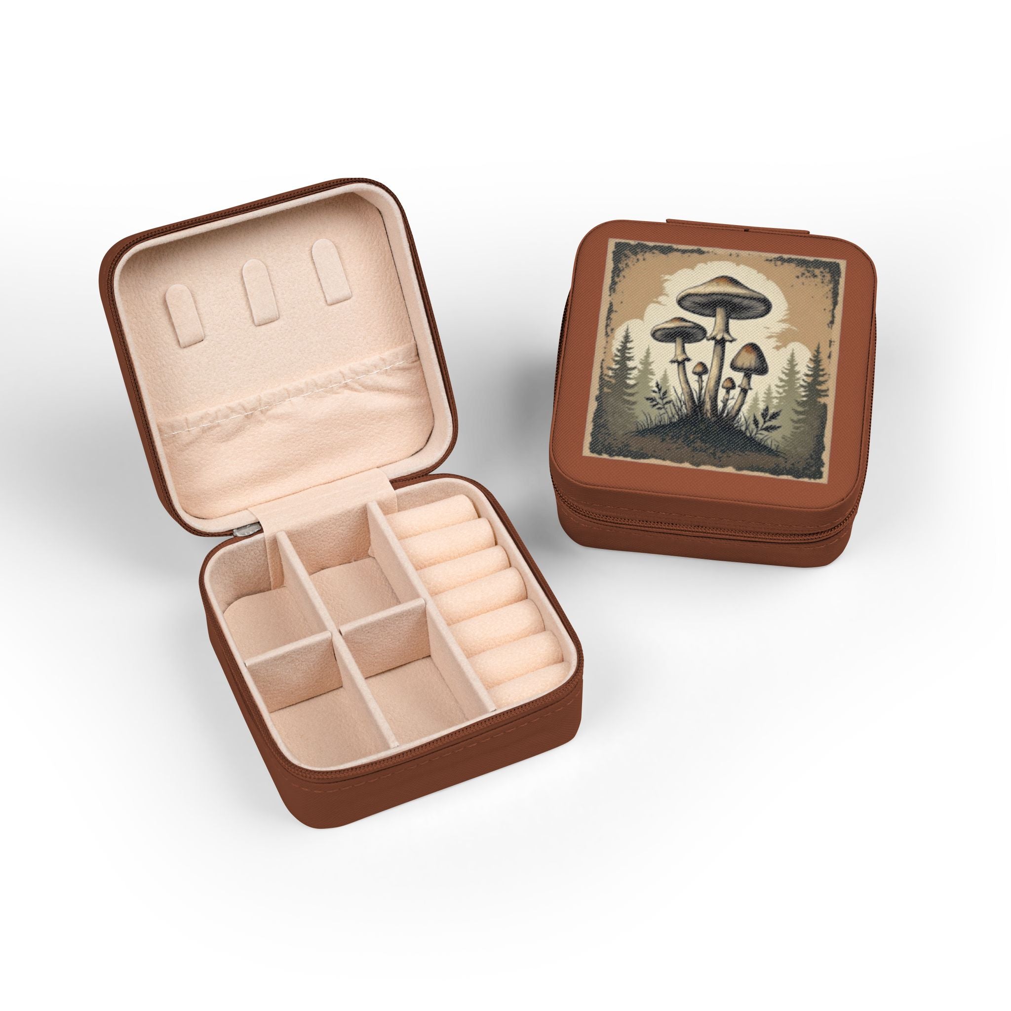 Mushroom Forest Jewelry Travel Case — Compact Velvet-Lined Organizer