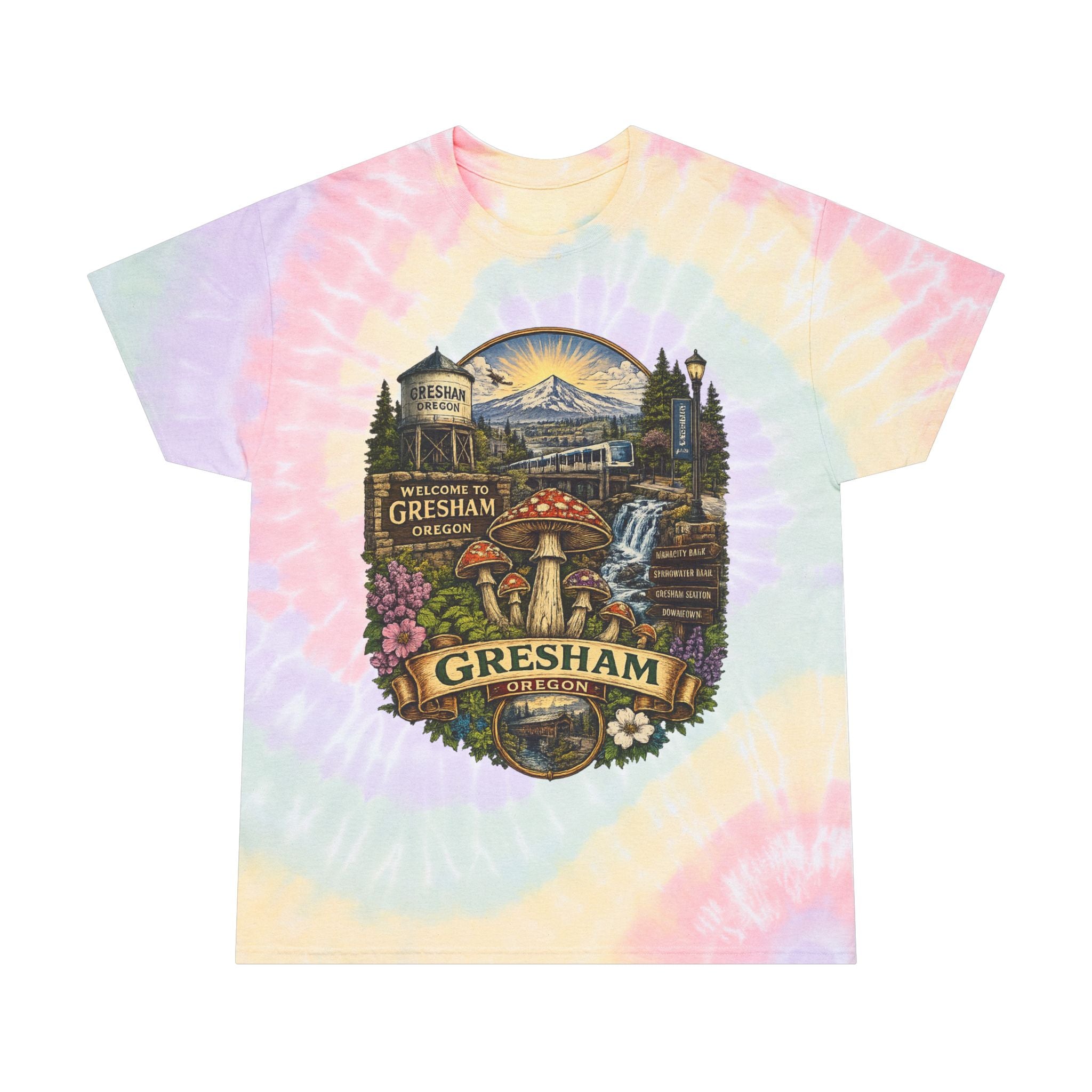 City: Gresham Oregon Spiral Tie-Dye Tee — Vintage Mushroom & Farmers Market Graphic